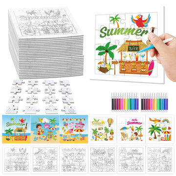 Fennoral 24 Pack DIY Coloring Summer Jigsaw Puzzle Craft Kit for Kids