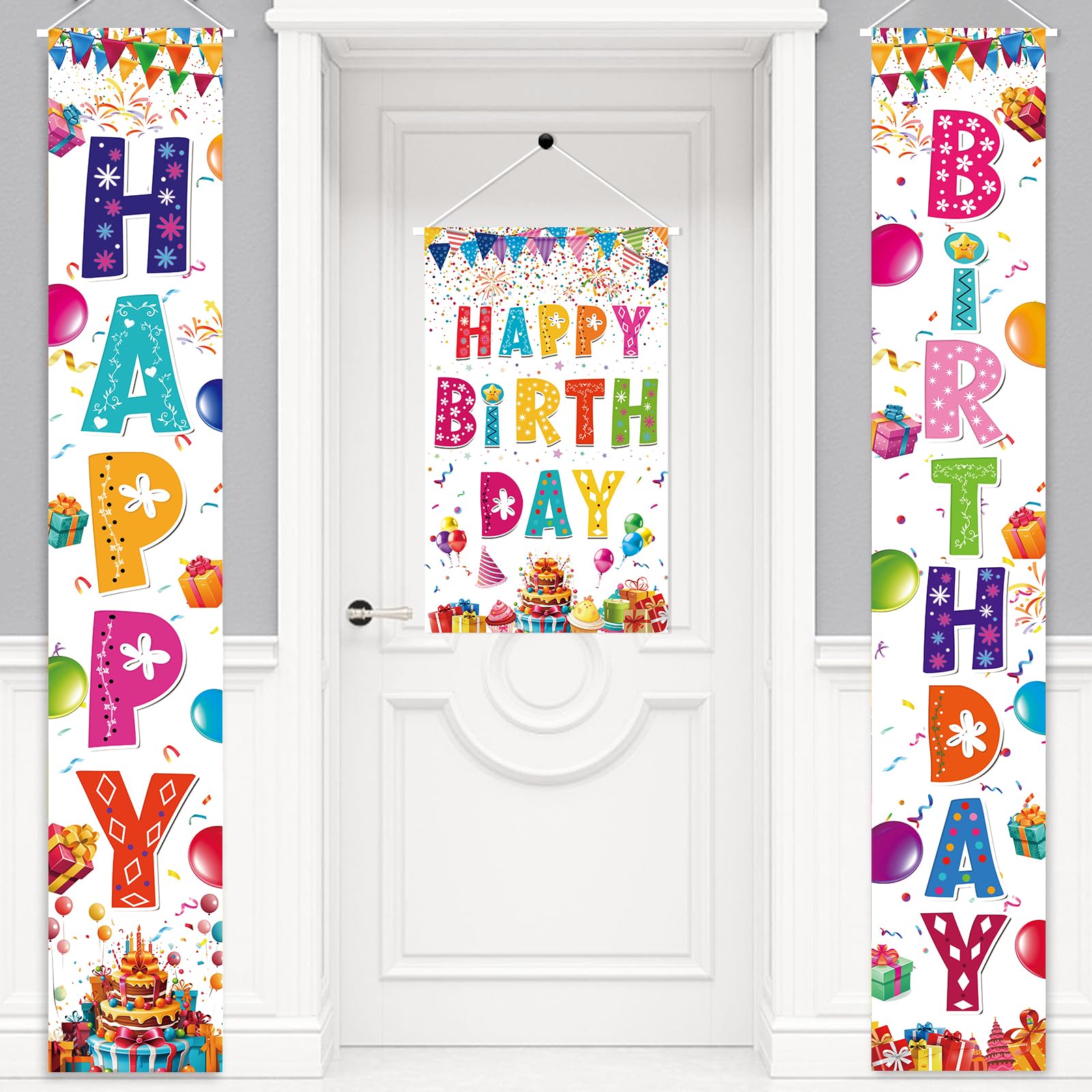 AiFaoobs 3 PCS Colorful Happy Birthday Banner Door Porch Sign Photography Black Background Party Supplies for Kids Boys Girls Birthday Party Supplies