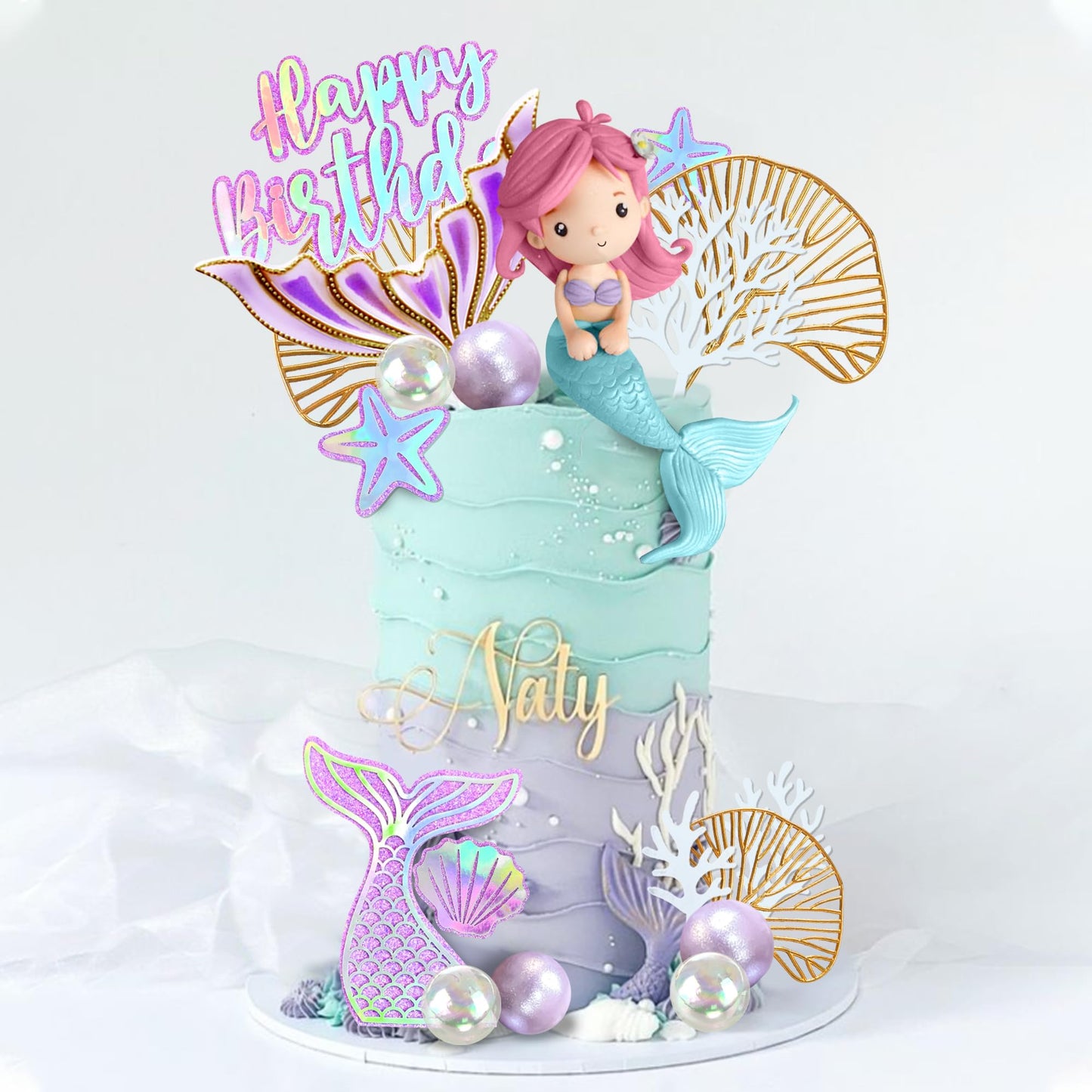 Mermaid Cake Toppers with Shell Starfish Fishtail Balls for Mermaid Birthday Supplies (Style1)