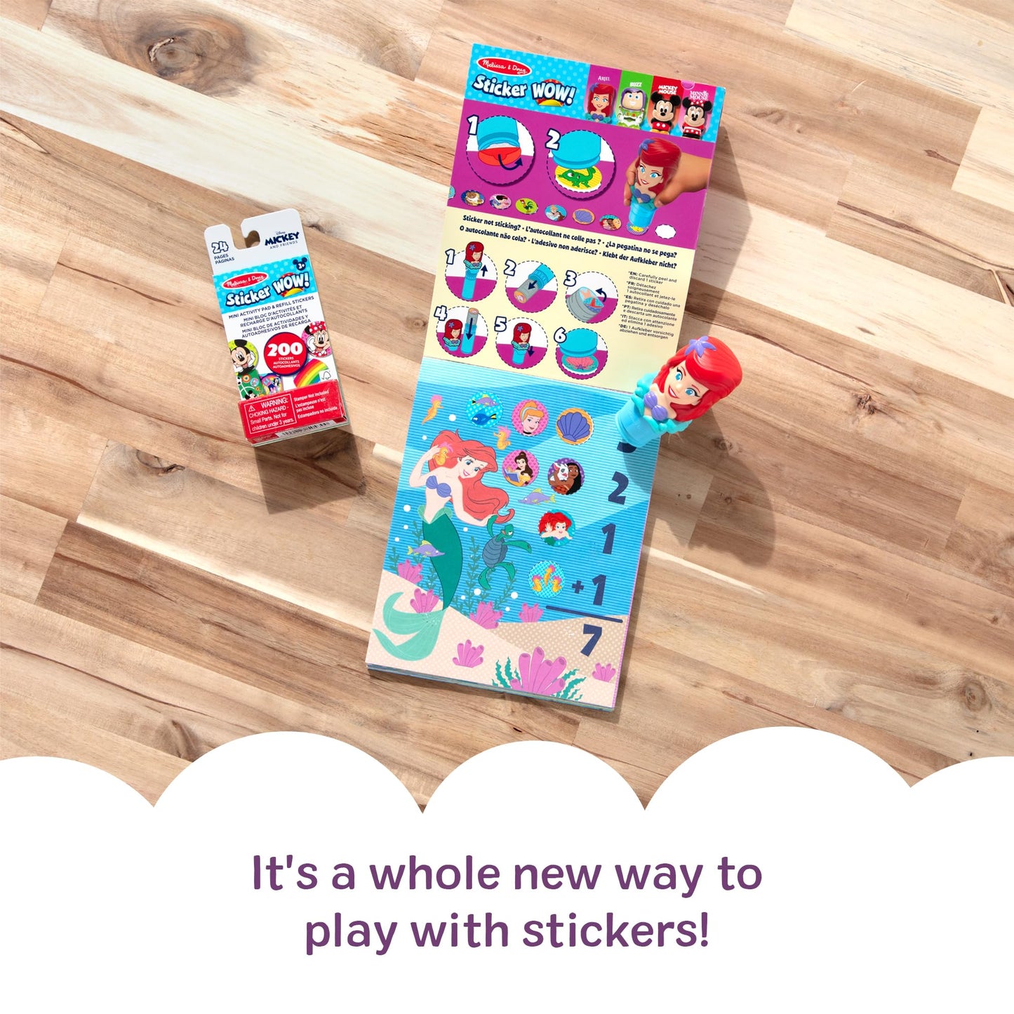 Melissa & Doug Sticker Wow!™ Disney Princess Ariel Bundle: 24-Page Activity Book, Refillable Sticker Stamper, Mini Pad, 500 Stickers, Arts and Crafts