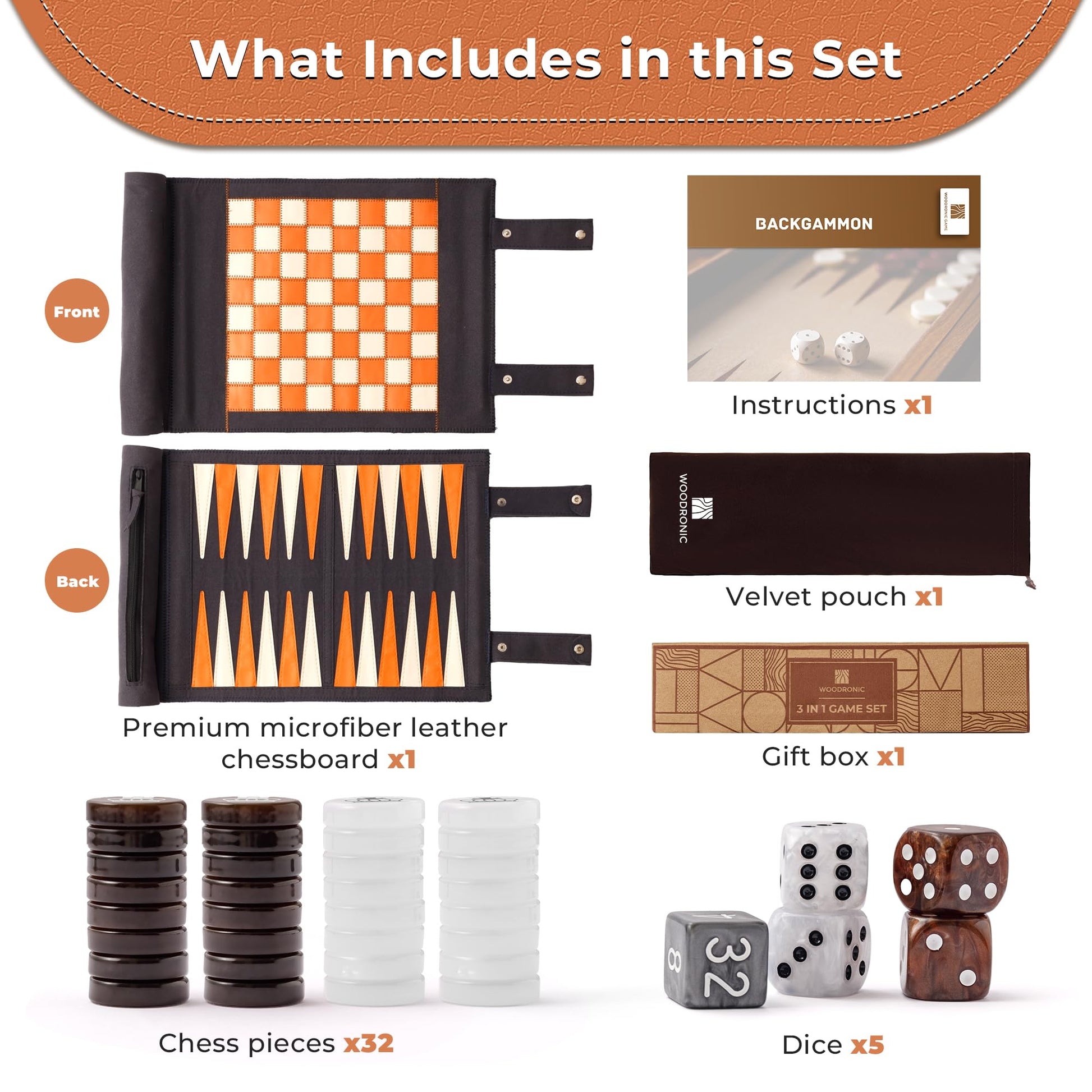 Woodronic 3 in 1 Travel Chess Checkers Backgammon Set, Roll-up Leather Backgammon Game Set with 32 Pearl Textured Pieces and 5 Dices, Portable Travel
