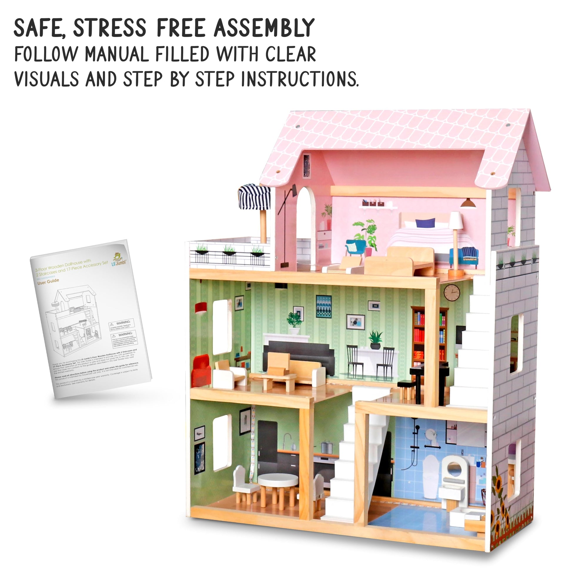 Lil' Jumbl Kids Wooden Dollhouse, 17-Piece Accessories & Furniture are Included, with Balcony & Stairs, 3 Story Easy to Assemble Doll House Toy - Pink