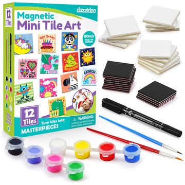 Magnetic Mini Tile Art - DIY Craft Kit; Design and Paint Magnet Tiles - Kids Paint Arts & Crafts Project; Includes 12 Tile Magnets, 8 Paint Colors, 2