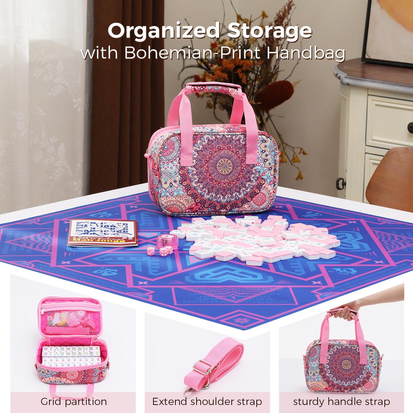 Kyerlish American Mahjong Tile Set with Printed Handbag, 166 Premium Pink Tile and Accessories, Portable and Stylish Mahjong Set, Mahjong Game Set