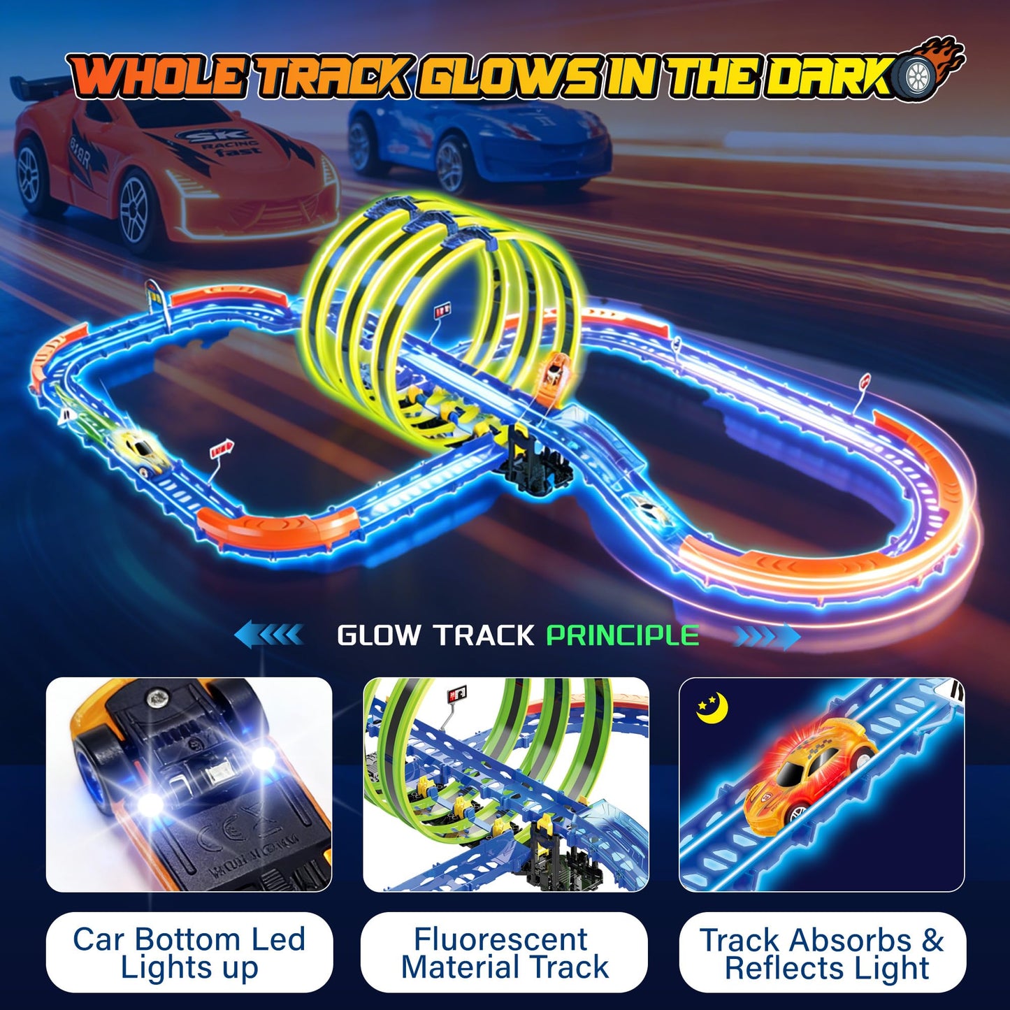 Glow Toy Car Race Track Set, 71 Pcs Glow-in-The-Dark Tracks for Kids Ages 3-8, Electric Speed Car Light-Up Whole Slot Track, Track-Building with 360°