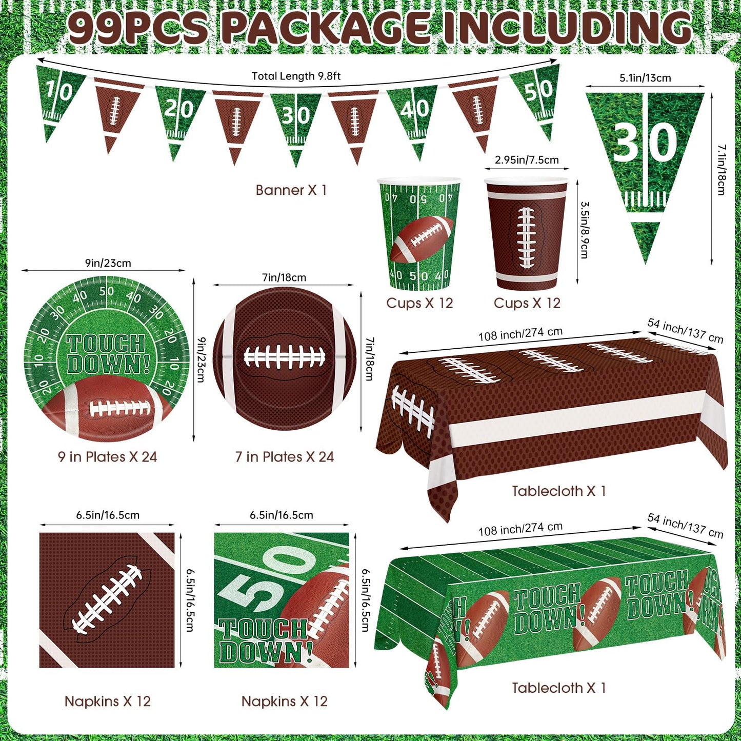 99 Pcs Football Party Supplies Sets, Includes Touchdown Dinner Plates, Dessert Plates, Napkins, Rugby Tablecloths, Cups and Banner for Football
