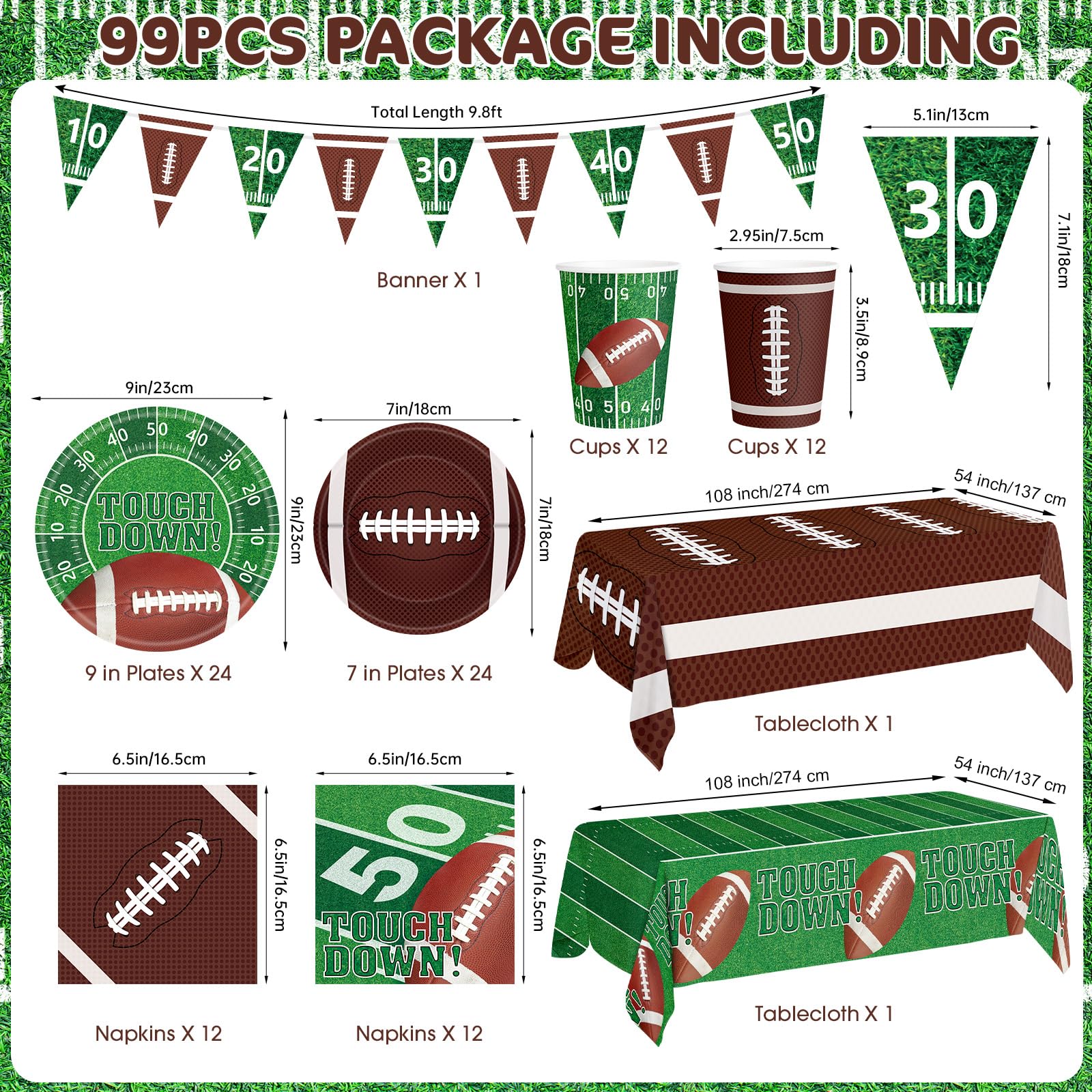 99 Pcs Football Party Supplies Sets, Includes Touchdown Dinner Plates, Dessert Plates, Napkins, Rugby Tablecloths, Cups and Banner for Football