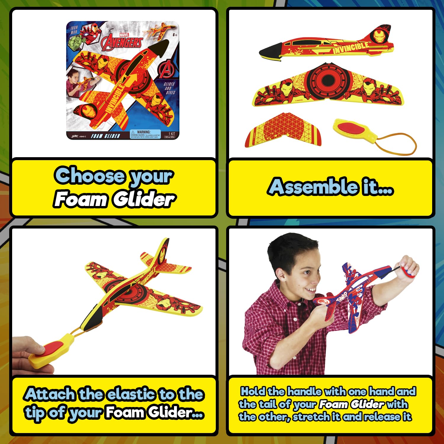JA-RU Marvel Foam Glider Toy. Launching Airplane Toy For Kids. Glides & Dives High. (Pack of 3) with Spiderman, Hulk, & Iron Man. Classroom Prize, Gag