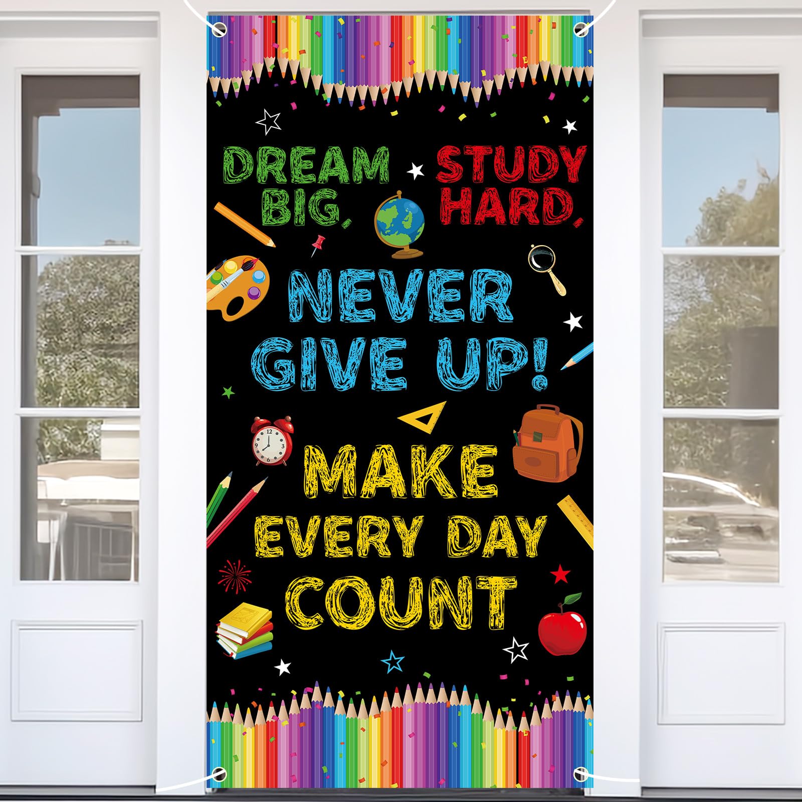 71 x 35 Inches Welcome First Day of School Motivational Door Cover Banner for Doorway Wall, Large Dream Big Never Give Up Make Every Day Count Poster