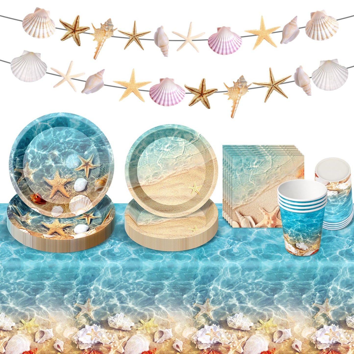 Ocean Beach Party Supplies Tableware with Seashell Paper Plates Napkins Cups Tablecloth Banner for Beach Themed Party Decorations, Serves 24