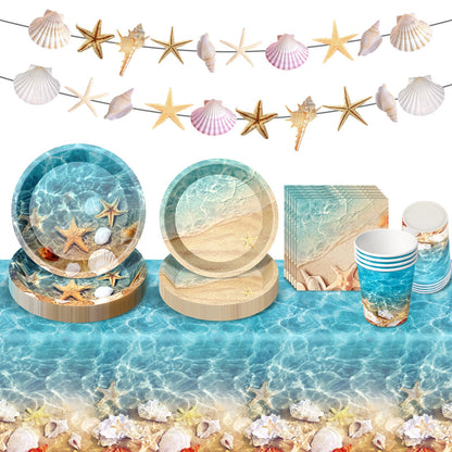 Ocean Beach Party Supplies Tableware with Seashell Paper Plates Napkins Cups Tablecloth Banner for Beach Themed Party Decorations, Serves 24