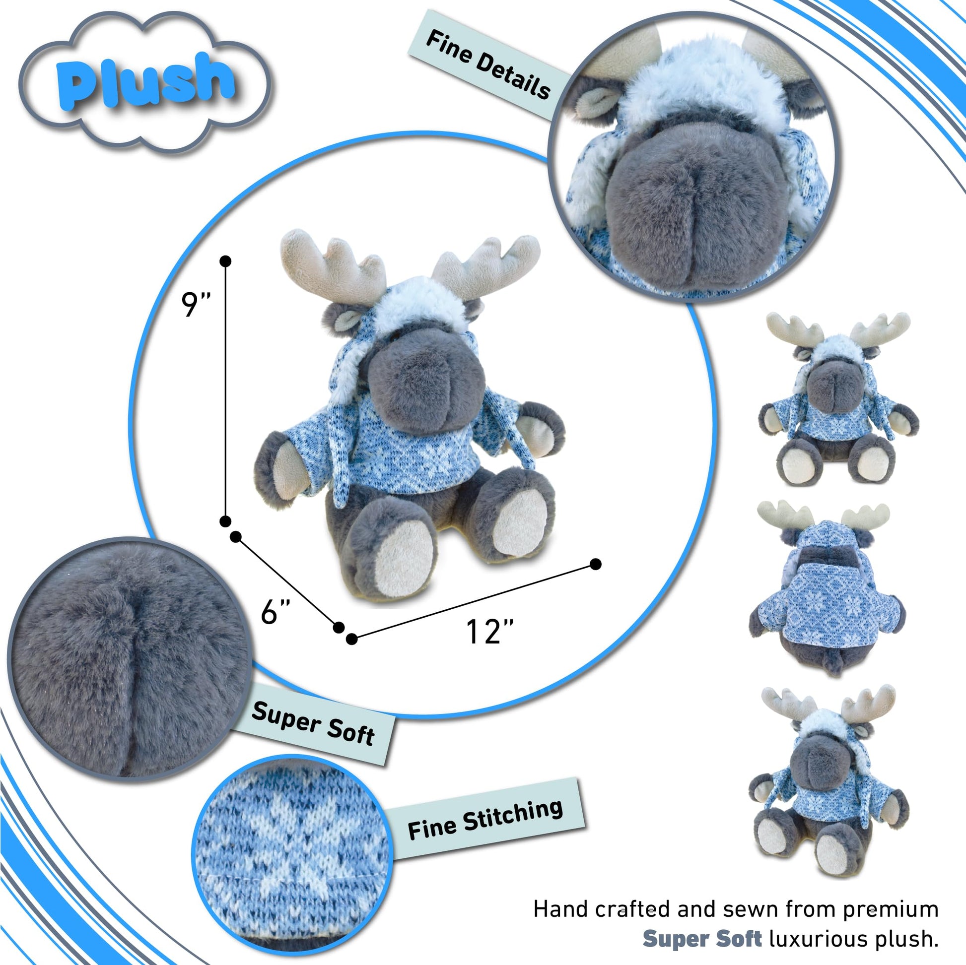 DolliBu Plush Moose Stuffed Animal - Soft Plush Huggable Gray Moose with Sweater & Hat, Adorable Plush Toy, Cute Wild Life Cuddle Gift for Kids