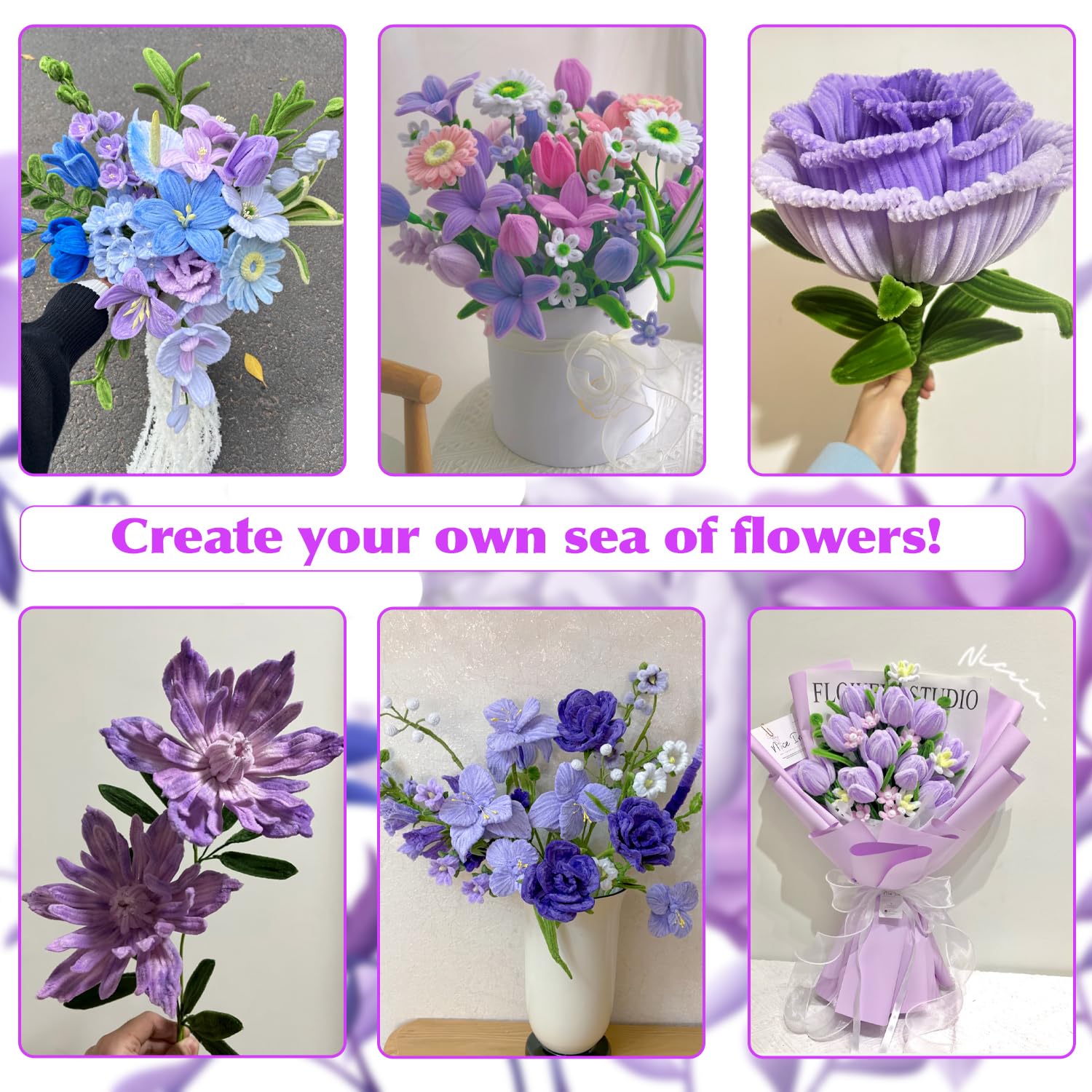 500 Pcs Pipe Cleaners Flower Making Kit with LED Light - Chenille Stems Set w/Floral Wire, Floral Stamens, Craft Wire, Tape & Ribbon for Light Up