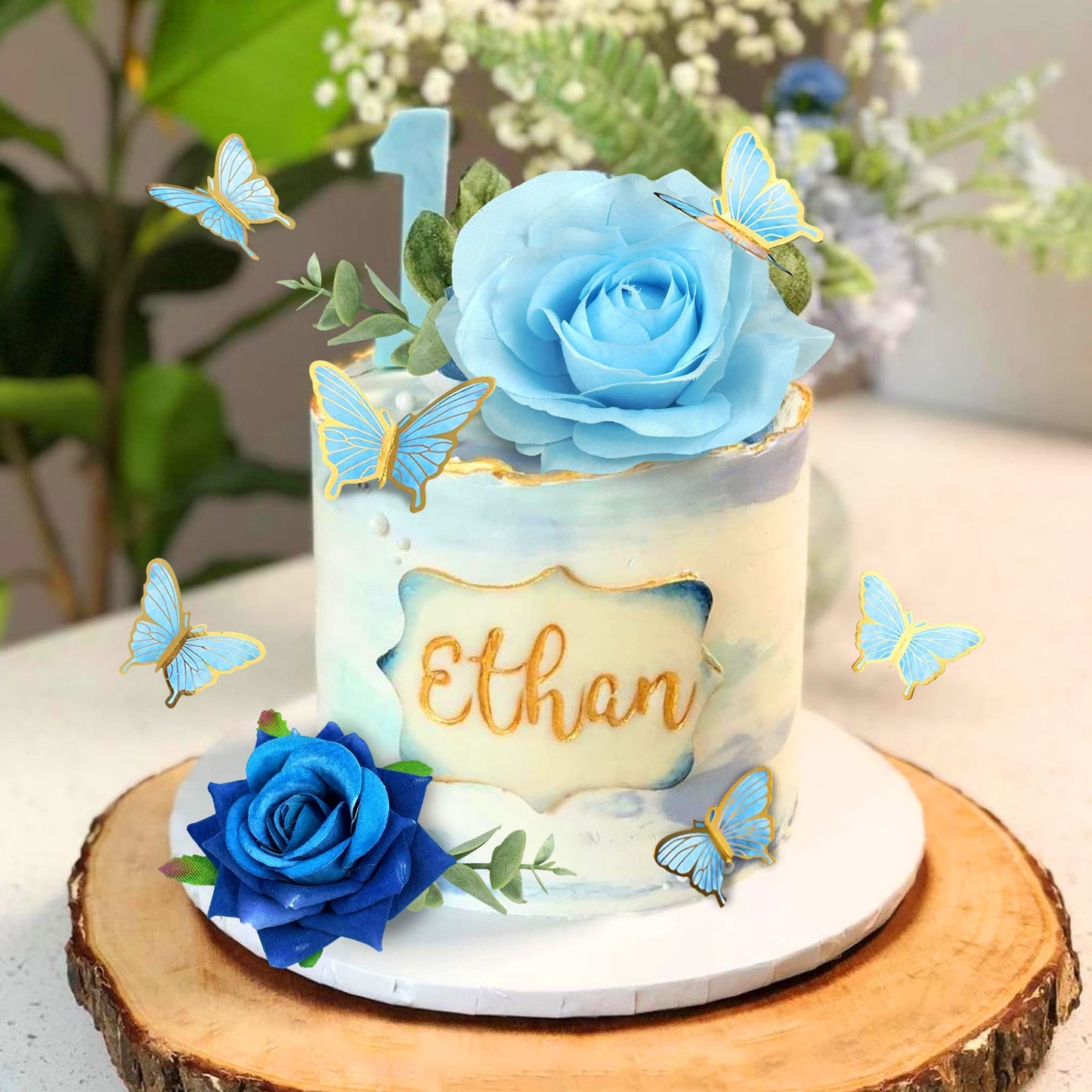 19 PCS Flower Cake Toppers Butterfly Happy Birthday Cake Decorations with Artificial Blue Rose Flowers Eucalyptus Butterflies for Party Wedding Baby