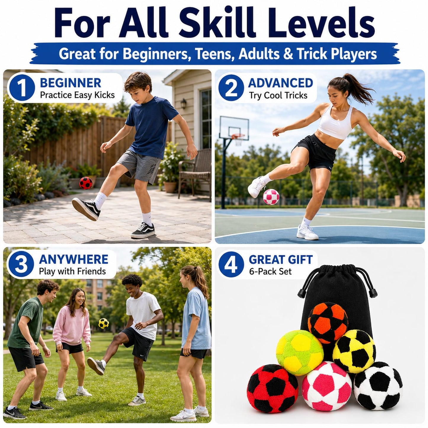 Klysuron 6 Pack Soft Plush Footbags, 32 Panel Hacky Sack, 6cm/2.36in