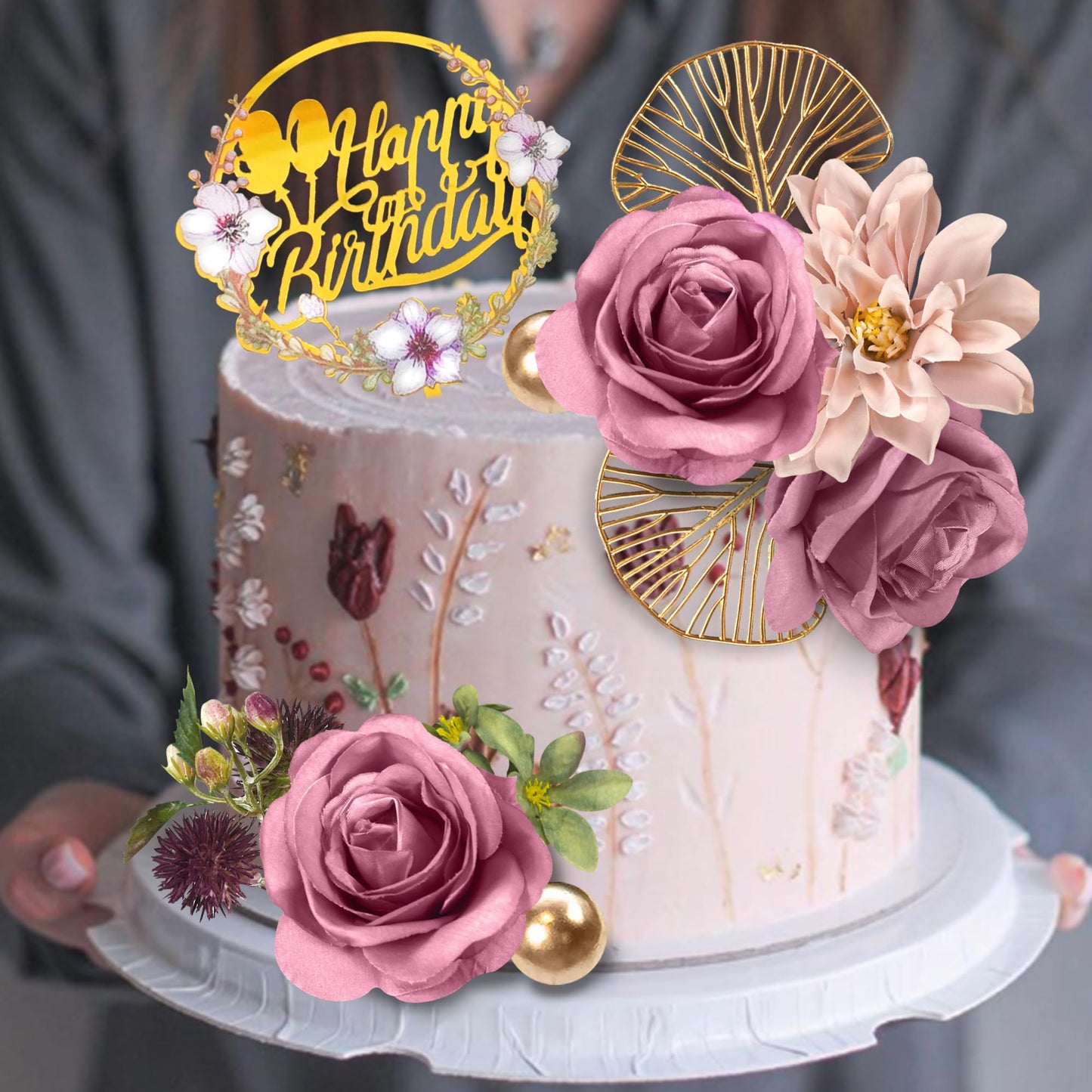 Flower Cake Toppers Happy Birthday Cake Toppers with Artificial Purple Rose Flowers Eucalyptu Leaves for Wedding Supplies (Purple)