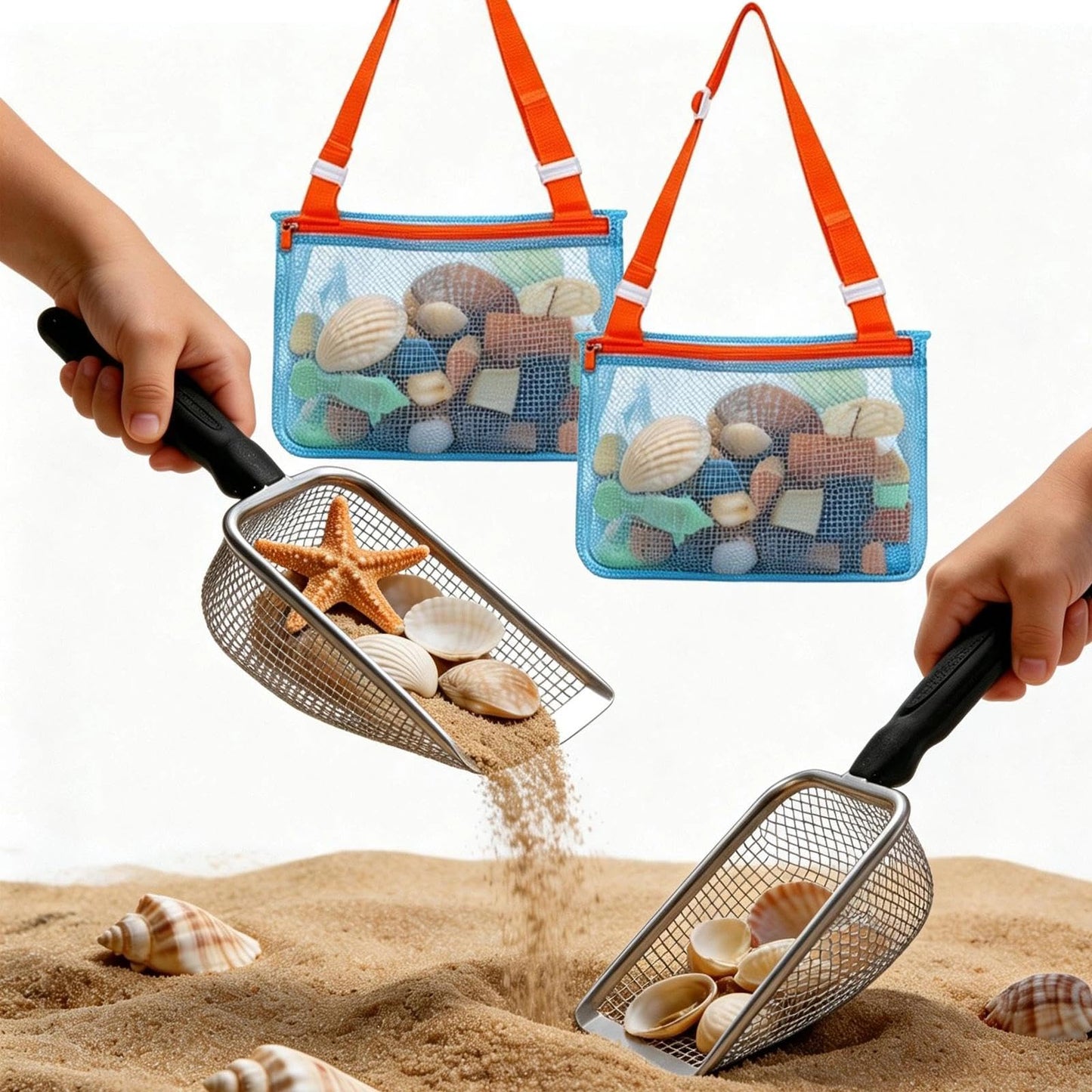 Beach Mesh Shovel with Mesh Beach Bag for Shells Collecting and Filter Sand