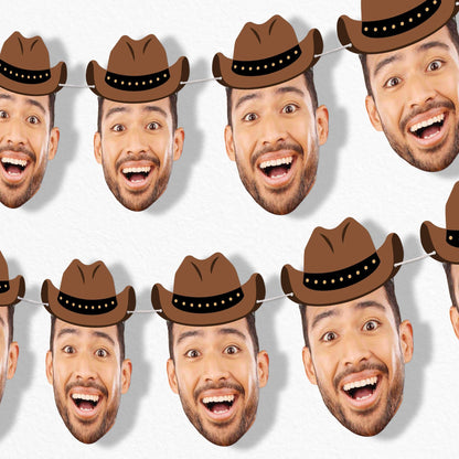 Big Dot of Happiness Custom Western Hoedown Face Cut Out Garland Banner, Personalized Wild West Rodeo Party Decor, 30 Feet of Cord, 10 Cowboy Hat