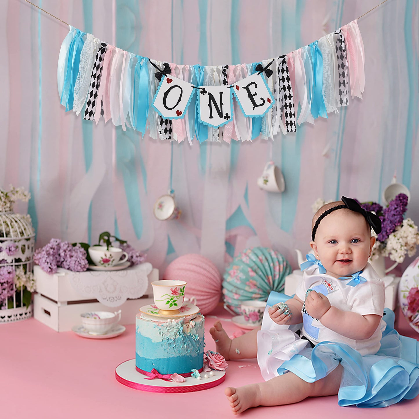 LINLULU Alice in Wonderland Highchair Banner, 1st Birthday Girl Decoration, Blue, 80 inches x 8.75 inches