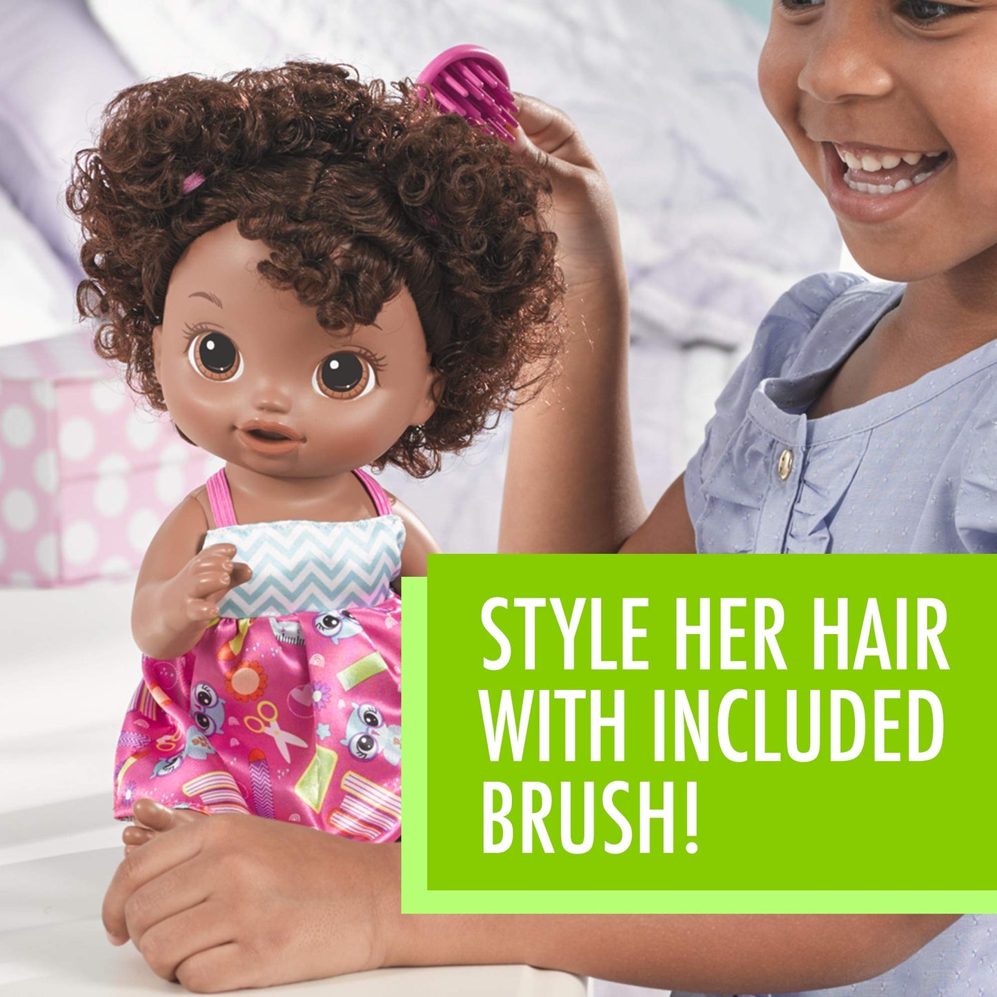 BABY ALIVE READY FOR SCHOOL BABY: Baby Doll with Black Curly Hair, School-Themed Dress, Doll Accessories Include Notebook & Brush, Doll For 3-Year-Old