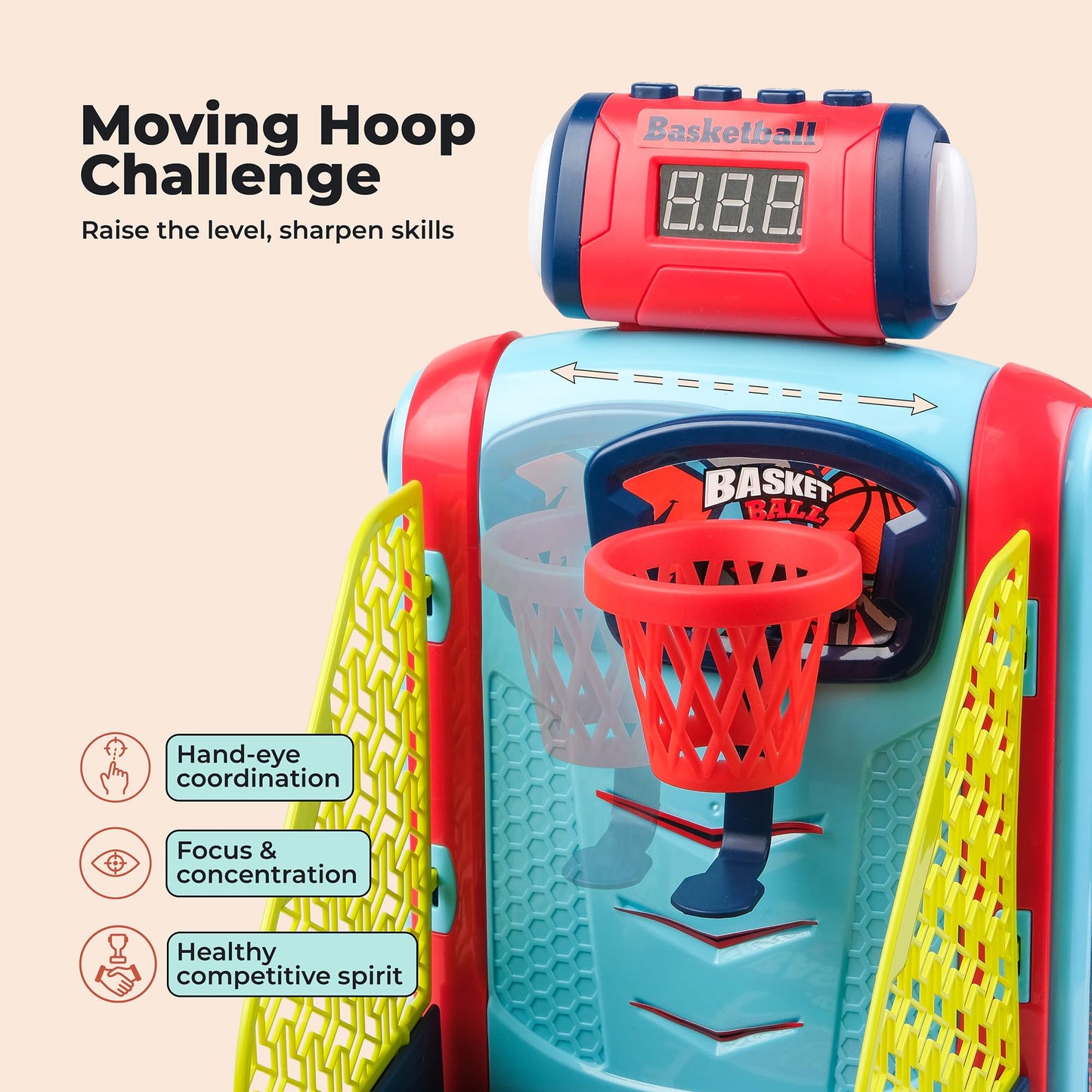 OLEOCA Tabletop Basketball Game - 2-Player Mini Basketball Game with Electronic Scoring & Timer, Two-Hoop Design for Desk Play, Moving Hoop Challenge