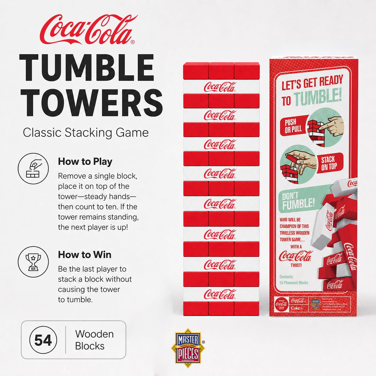 MasterPieces Family Games - Coca-Cola Wood Block Tumble Tower - Officially Licensed