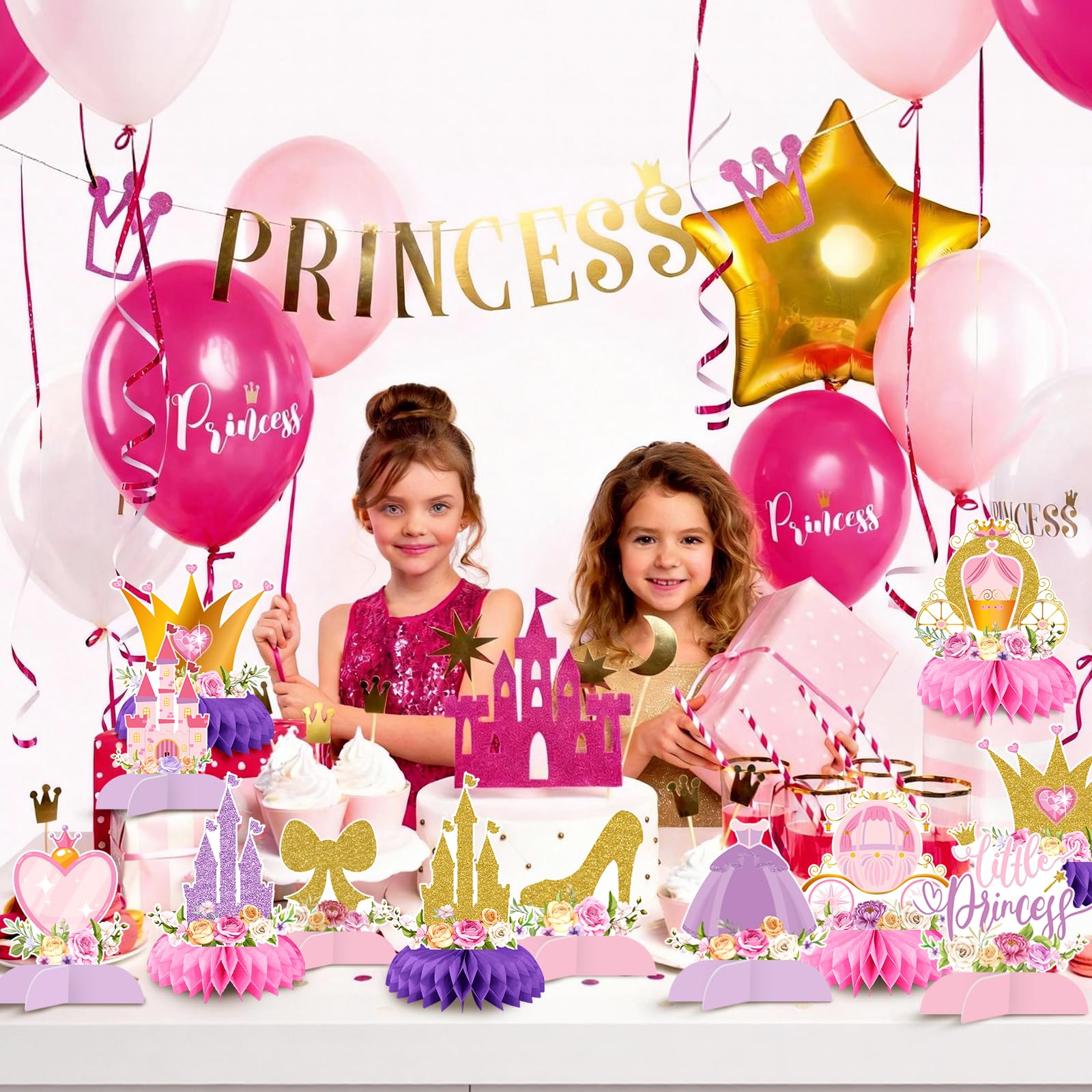 12 Pcs Princess Castle Honeycomb Centerpieces - Little Princess Party Table Decorations with Crowns, Castles, Bows and Hearts for Birthday Party, Baby