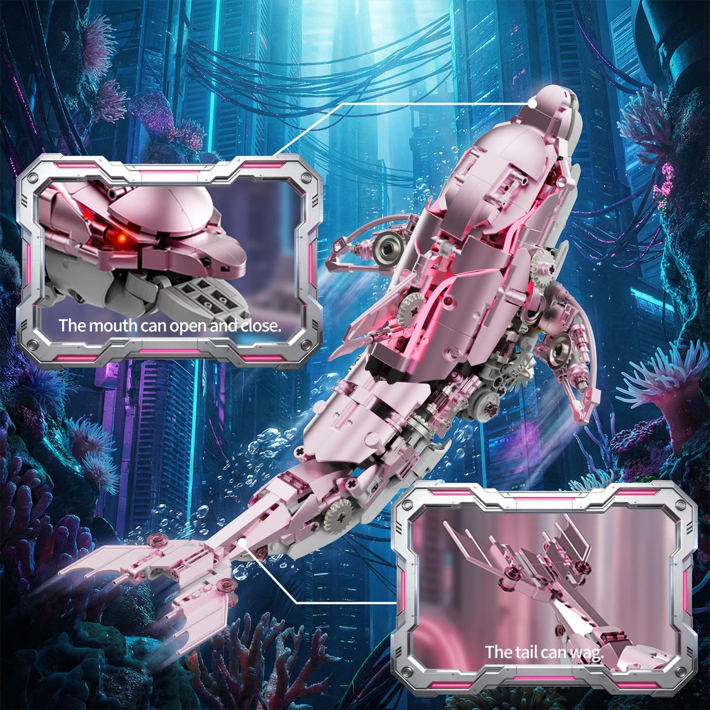 Myth Qholve Mechanical Pink Dolphin Building Blocks Set Hand-Operated Motion, Detailed Gear Design, Display & Play Model Futuristic Ocean Animal Model