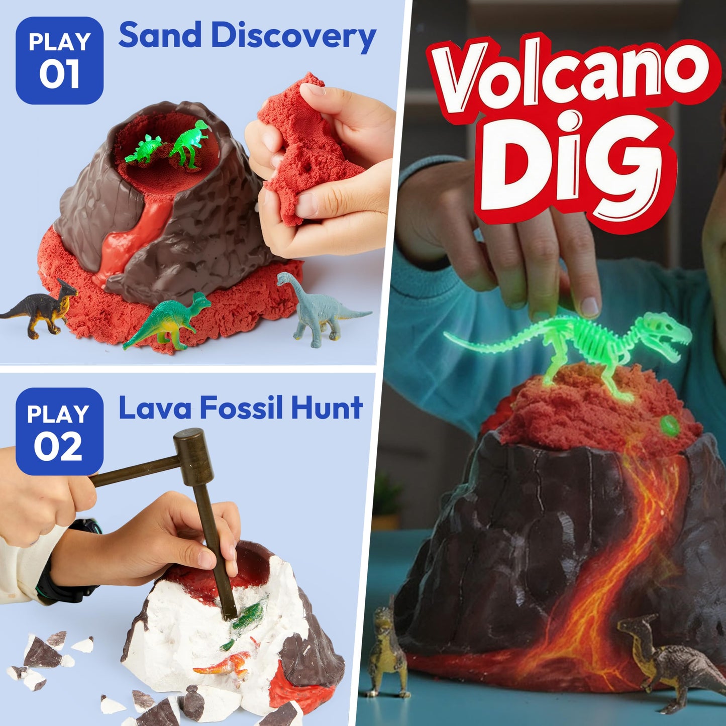JOVA Klever Kits 3-in-1 Dinosaur Fossil Digging Kit STEM Learning Toys with Glow in The Dark Dinosaurs and Sensory Play Sand, DIY Your Own Dinosaur