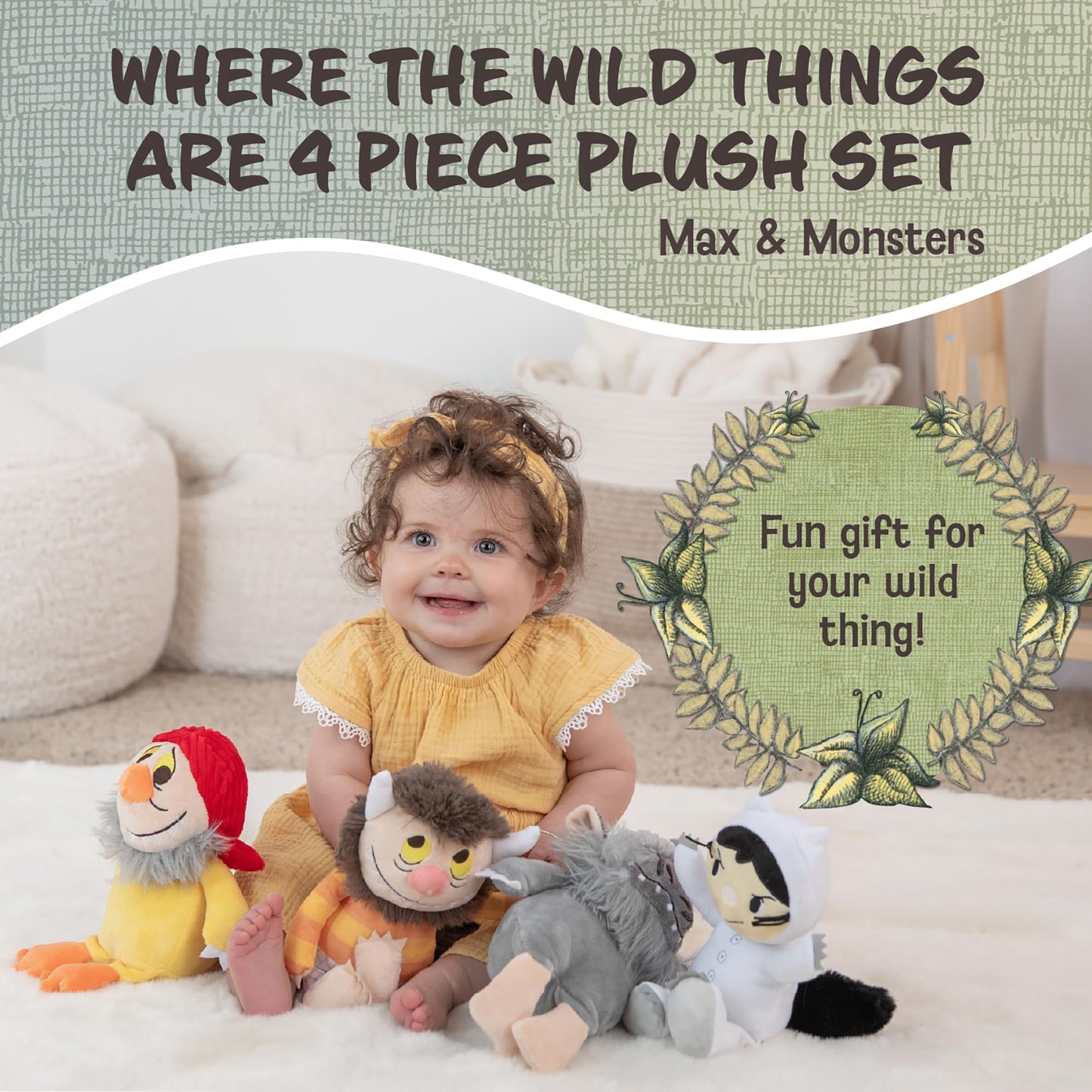 Kids Preferred Where The Wild Things are 4 Piece Plush Set - Max, Moishe, Tzippy, and Bernard Stuffed Animals, Crinkle Feet and Bean Filled Bottom.