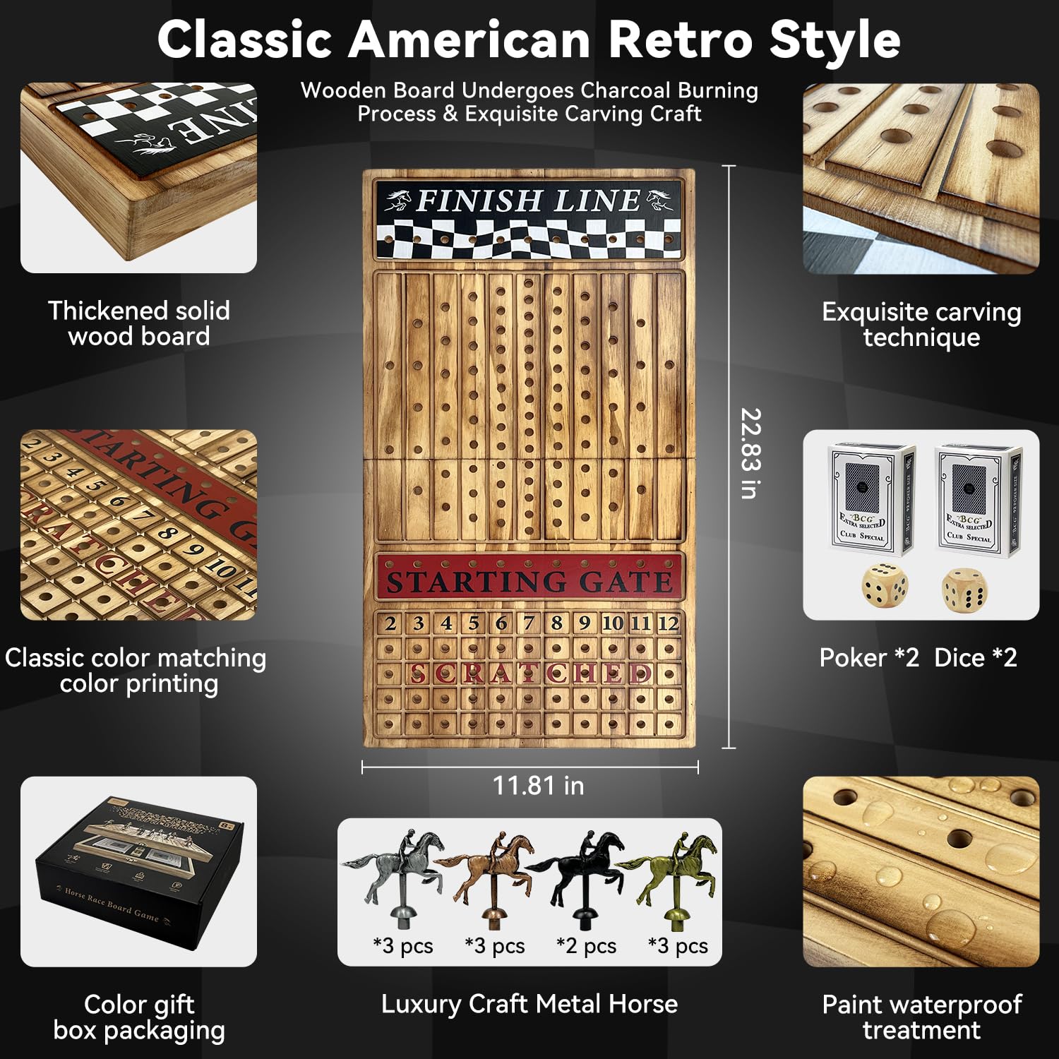 Large 23 inches Horse Racing Board Game with 11 Luxury Metal Horses, Foldable Wood Horse Race Board Game with 2 Sets of Dice, 2 Boxes of Cards