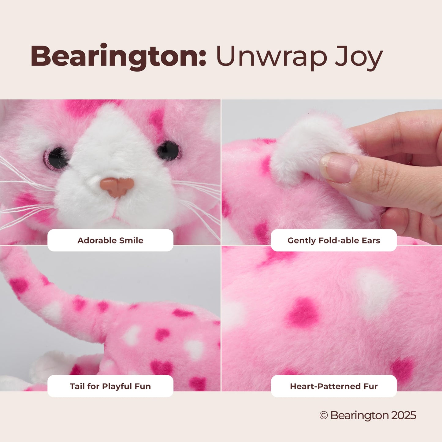 Bearington Valentine Kitty Pink Heart Print Cat Plush - Soft 9” Stuffed Animal Toy, Cute Huggable Gift for Valentine’s Day, Kids & Cat Lovers