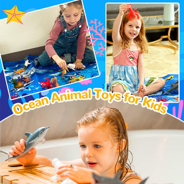 GINMIC Kids Ocean Animals Toys with Large Play Mat , 18 Pack Assorted Realistic Sea Animal Toys with Carrier Bag Including Shark, Whale, Dolphin etc