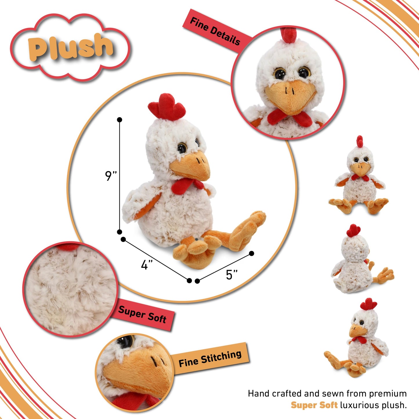 DolliBu Plush Rooster Stuffed Animal - Soft Plush Huggable Sitting Yellow Rooster, Adorable Playtime Plush Toy, Cute Farm Life Cuddle Gift for Kids