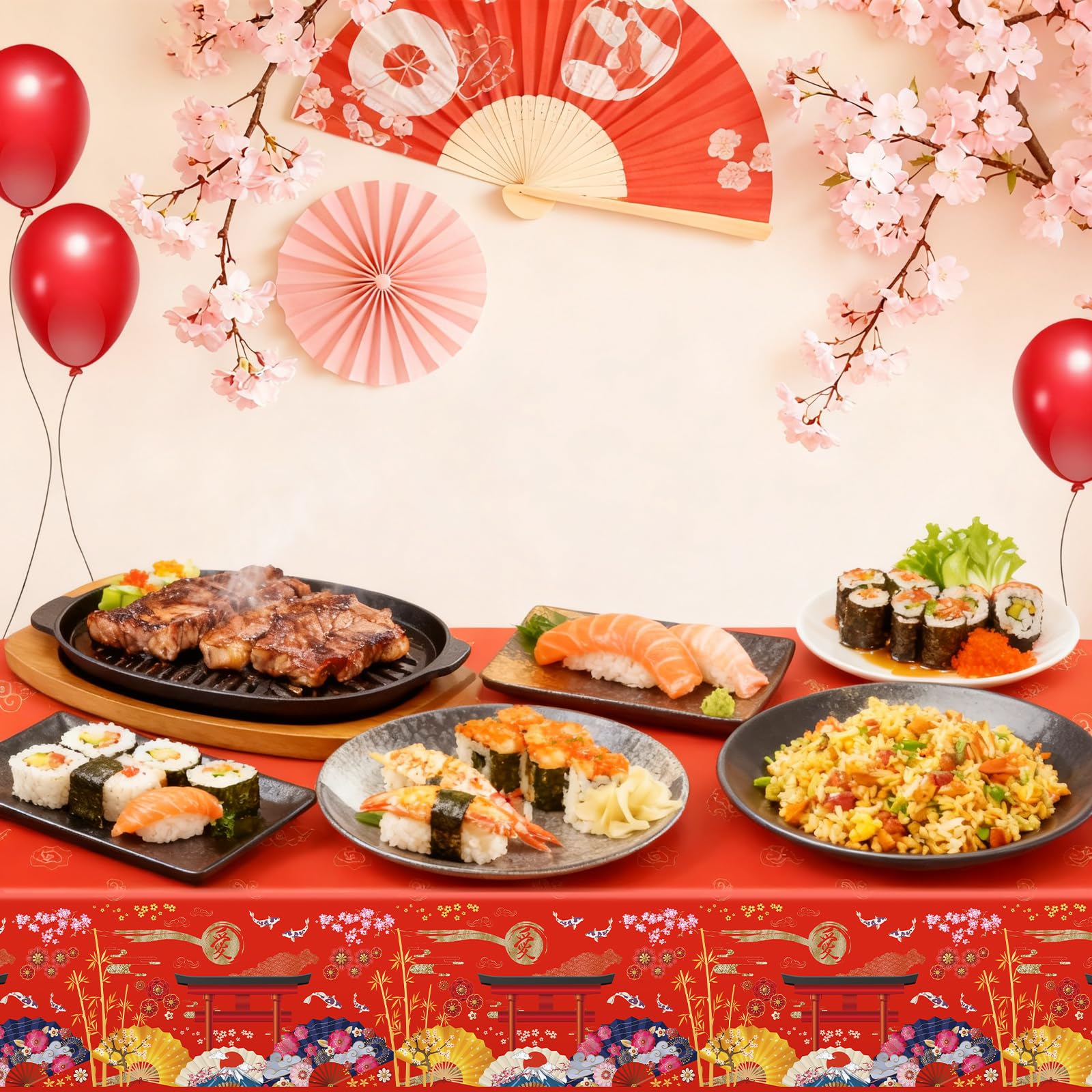MYFEST 3 PCS Hibachi Party Decorations Hibachi Table Cloth 108x54 inches, Disposable Waterproof Japanese Tablecloth for Hibachi Decorations and Asian