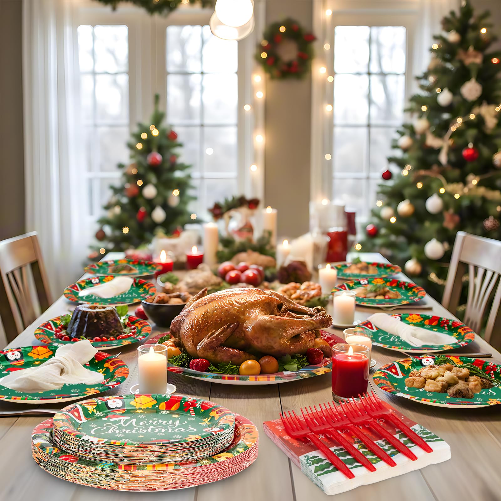 100 Pcs Merry Christmas Plates and Napkins Sets - Cute Winter Christmas Round Tableware, Disposable Chrismas Paper Plates and Napkins Forks for Xmas