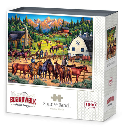 Boardwalk Sunrise Ranch 1000 Piece Jigsaw Puzzle Western Country Horse Puzzles with Premium Box, Gift for Adults and Family 19"x26"