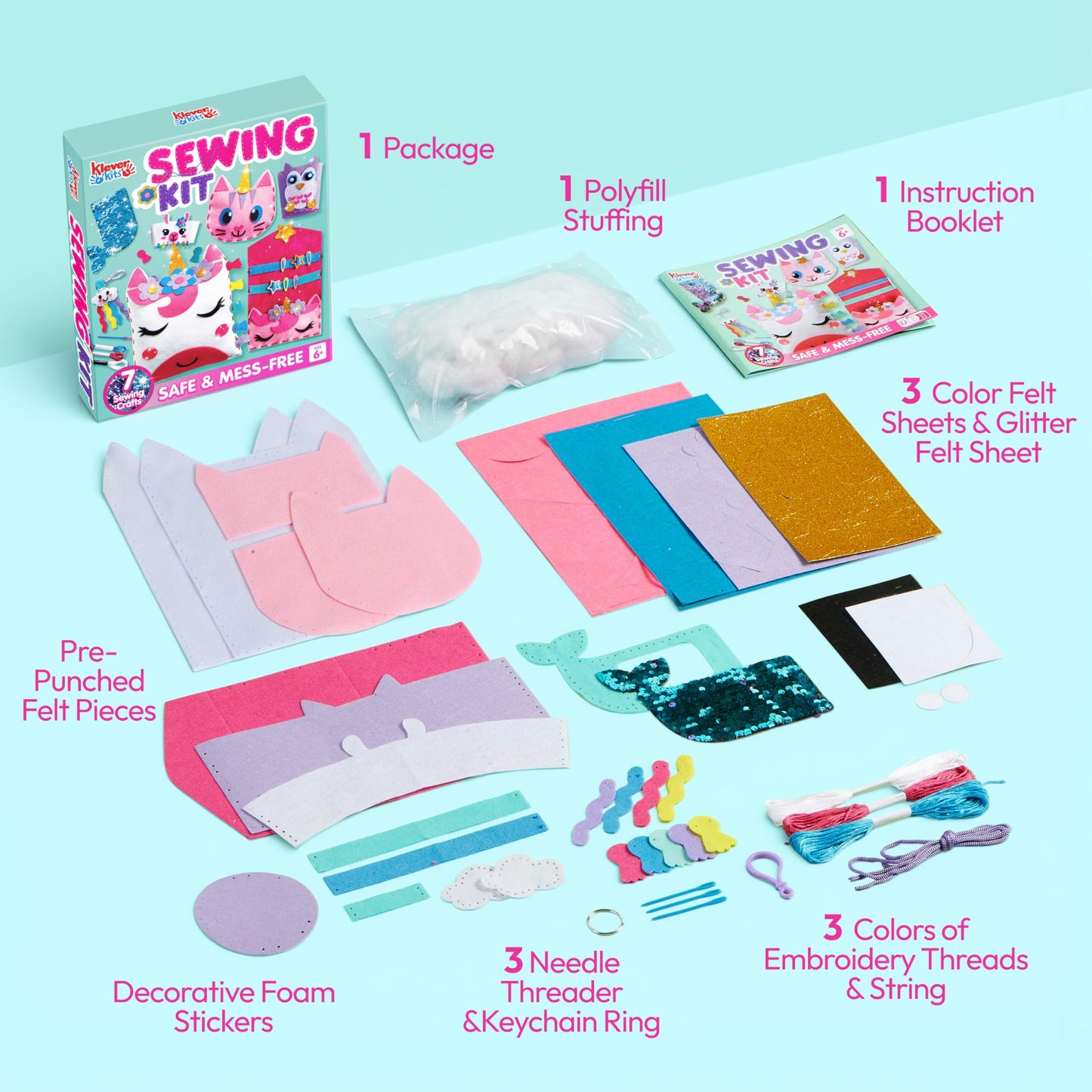 Klever Kits 7 Sewing Projects- My First Kids Sewing Kit- Easy DIY Arts and Crafts for Girls, Craft Kits, Birthday Gifts for Kids Aged 6+, Unicorn