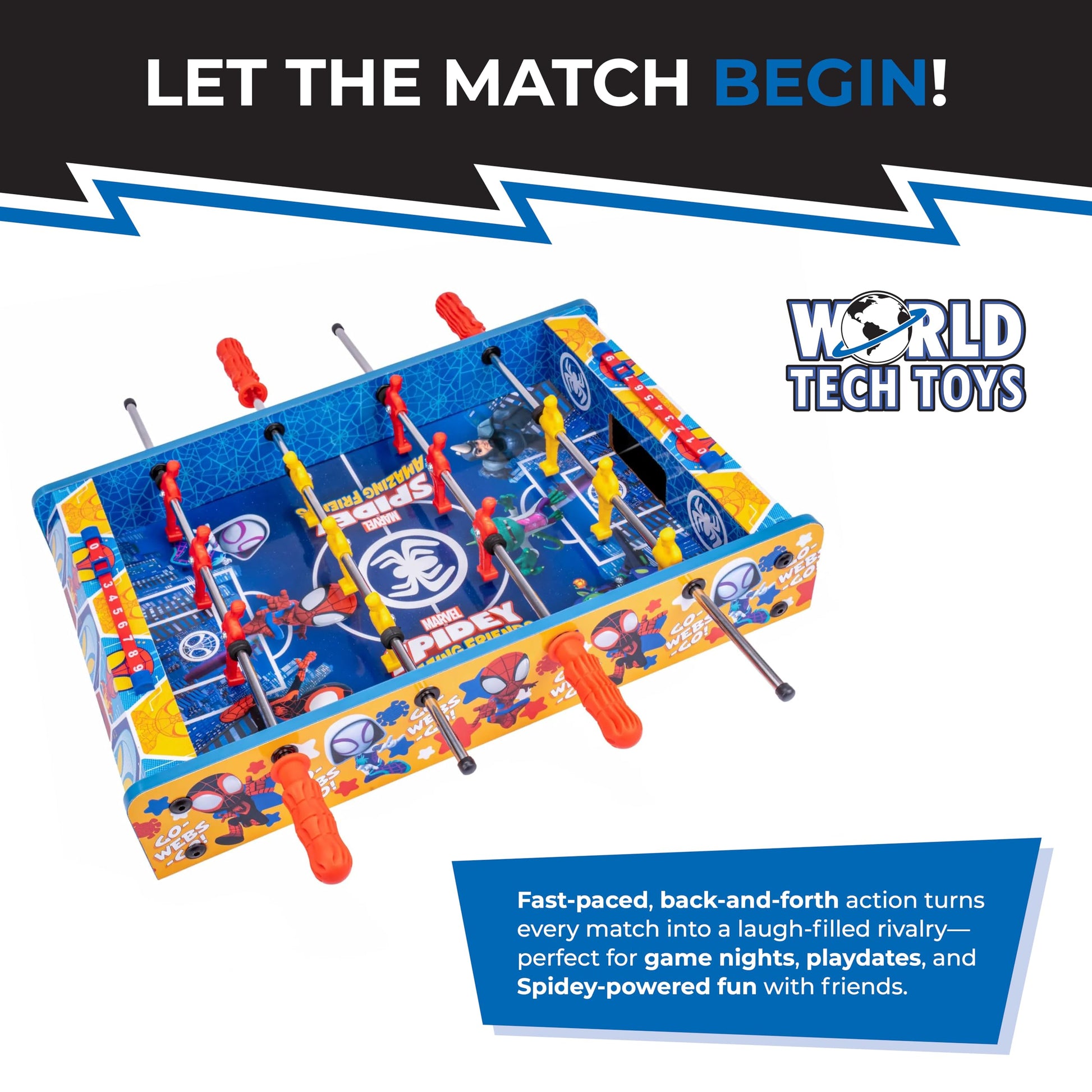 Marvel Spidey & Friends Foosball Table for Kids - Tabletop Soccer Game with Rod Handles, Ball & Players - Wooden Mini Game Table - Kids 4+