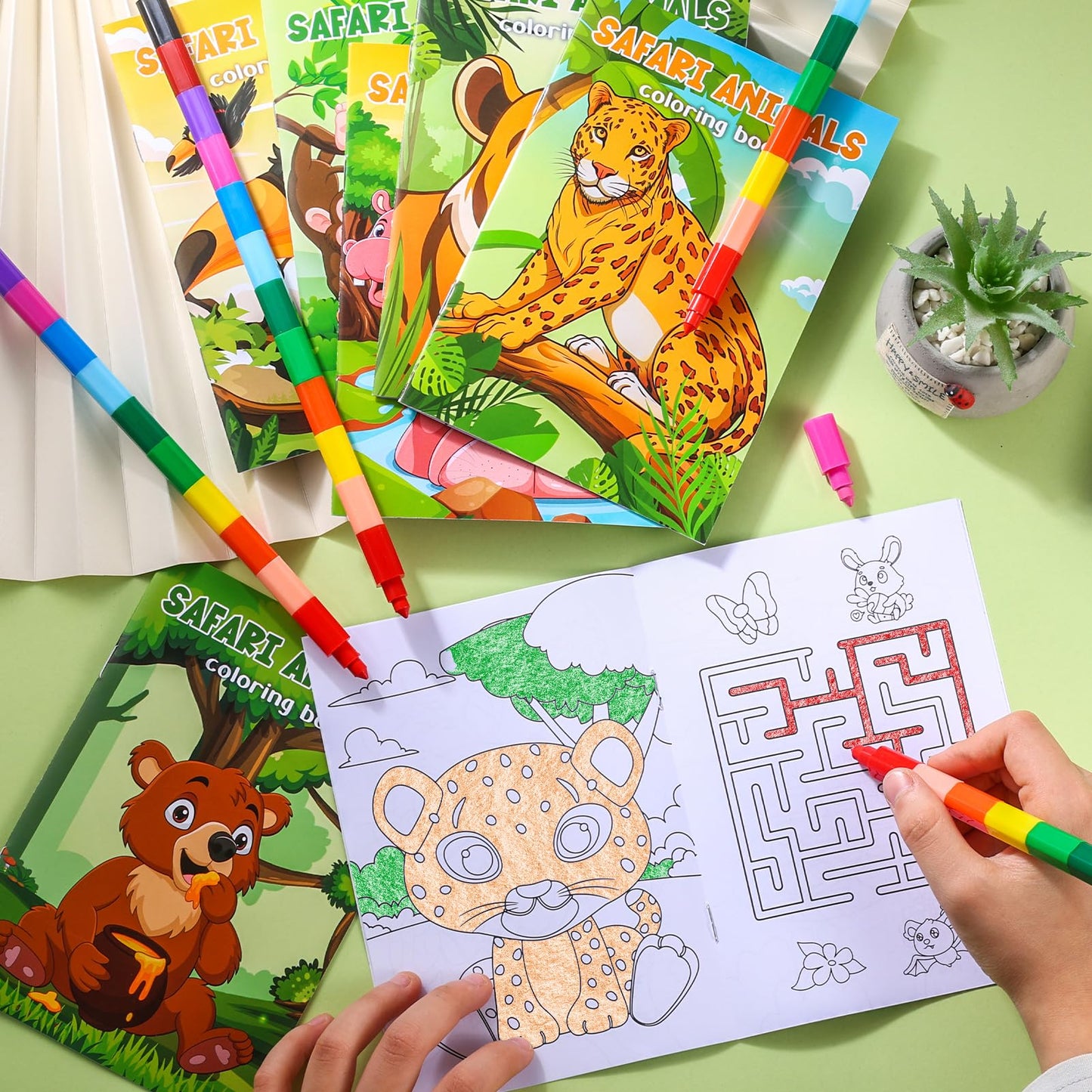 BenLouis 12 Jungle Safari Mini Coloring Books Kids with 12 Stacking Crayons Zoo Animals Lion Party Favors Small Activity Books Bulk for Kids Wild One