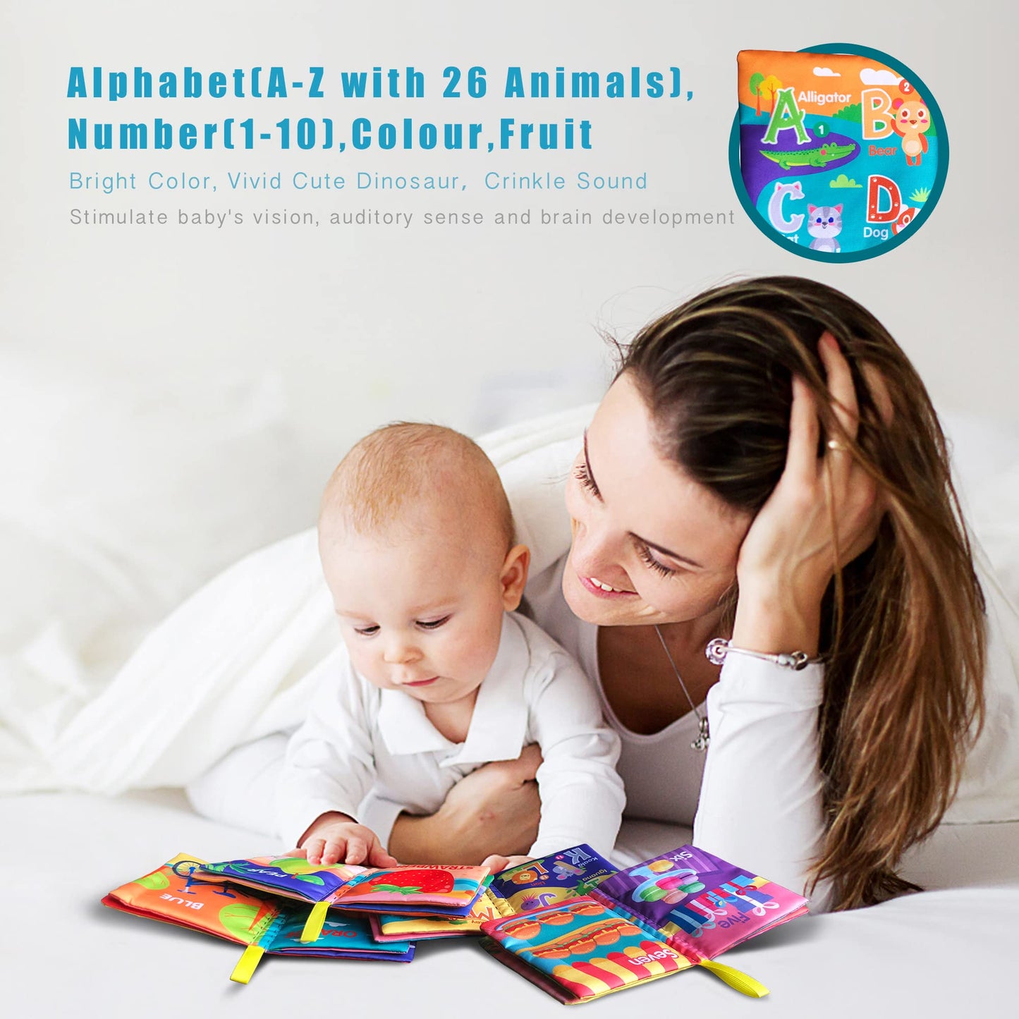 AMINFUN Soft Cloth Baby Books 4 Pack,ABC-Z&1-10&Colour&Fruit,Touch Crinkle Sensory Toys for Newborn Infants Toddler Non-Toxic Early Educational
