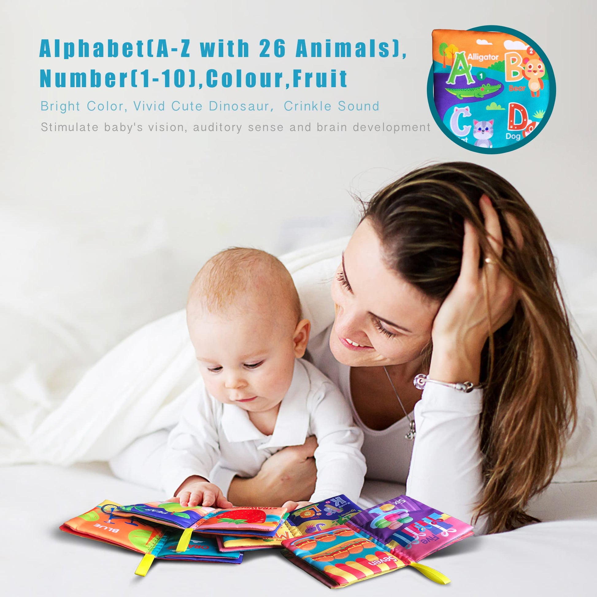 AMINFUN Soft Cloth Baby Books 4 Pack,ABC-Z&1-10&Colour&Fruit,Touch Crinkle Sensory Toys for Newborn Infants Toddler Non-Toxic Early Educational
