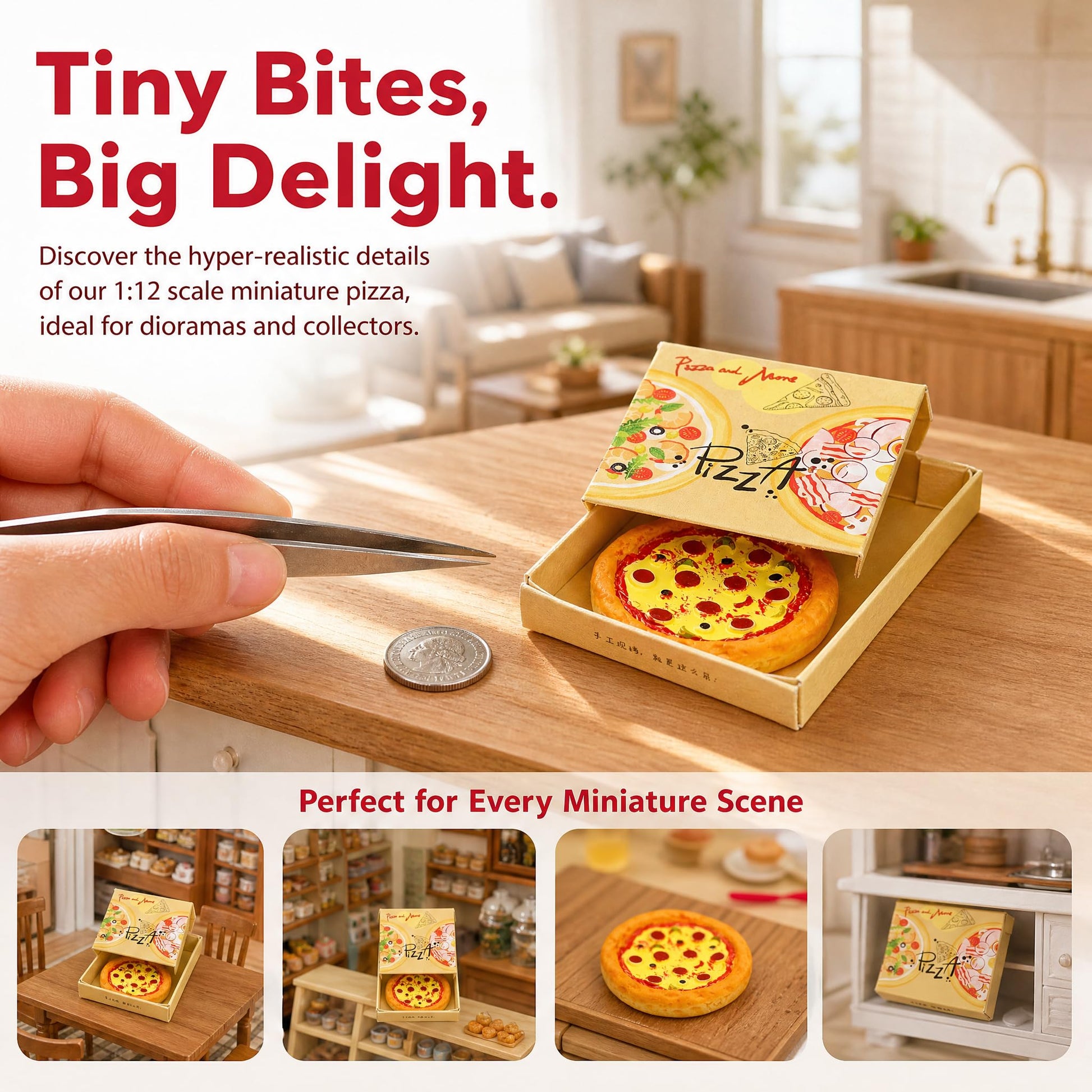 Miniature Pizza Box Set, 1:6 and 1:12 Scale, Dollhouse Food Accessories, Detailed Pizza Box with Printed Graphics Doll Pepperoni Pizza and Authentic