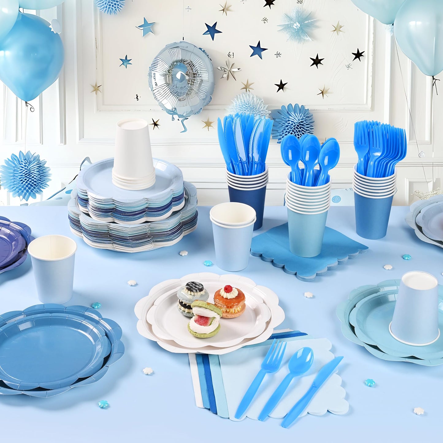 ZUQMZUQ 350 Pcs Blue Party Supplies Set - Blue Paper Plates and Napkins Set Include Gradient Blue Scalloped Paper Plate Napkin Cup Spoon Fork Knife