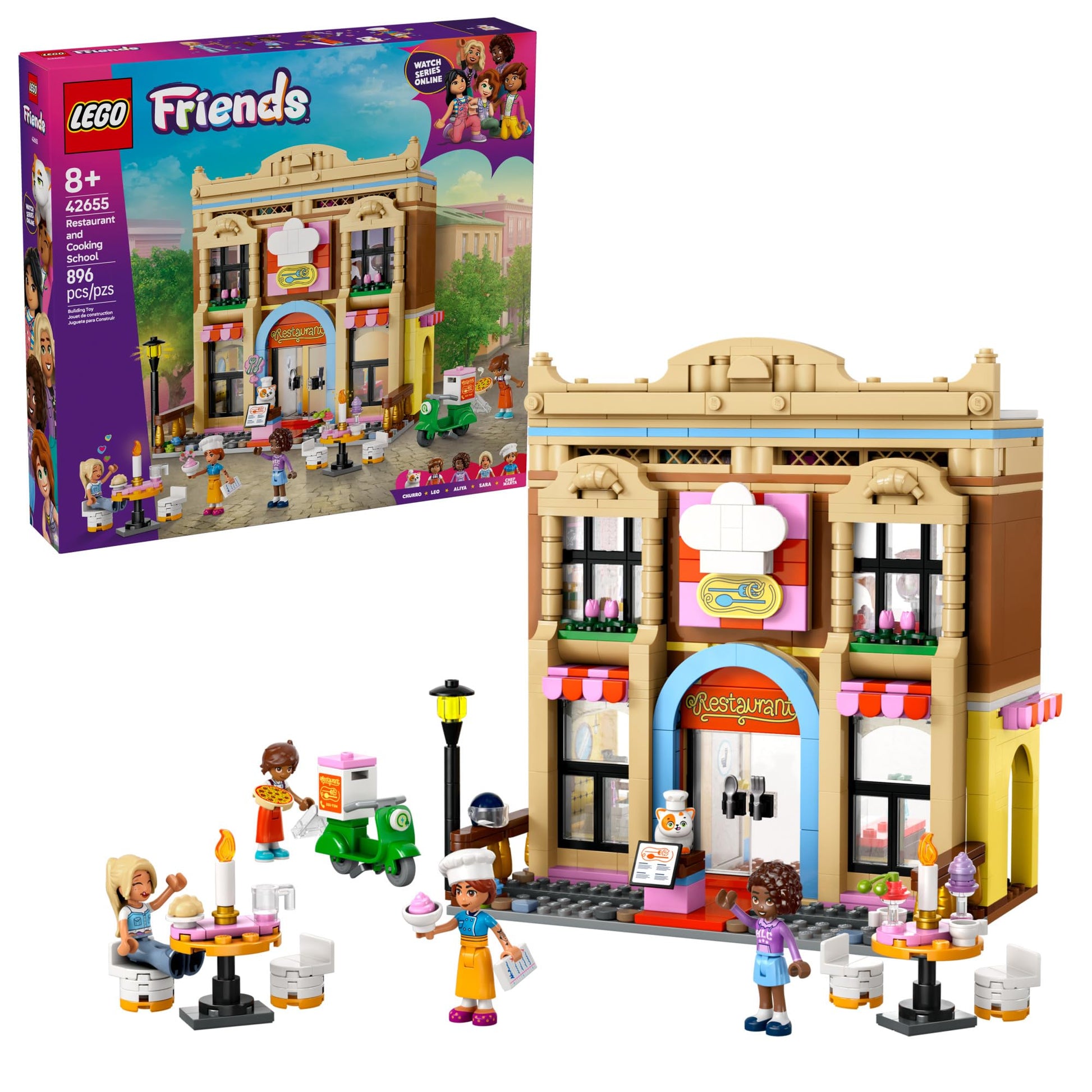 LEGO Friends Restaurant and Cooking School Toy Building Set - Restaurant Pretend Play Set for Kids, Girls and Boys, Ages 8+ - with 4 Minidolls, Cat