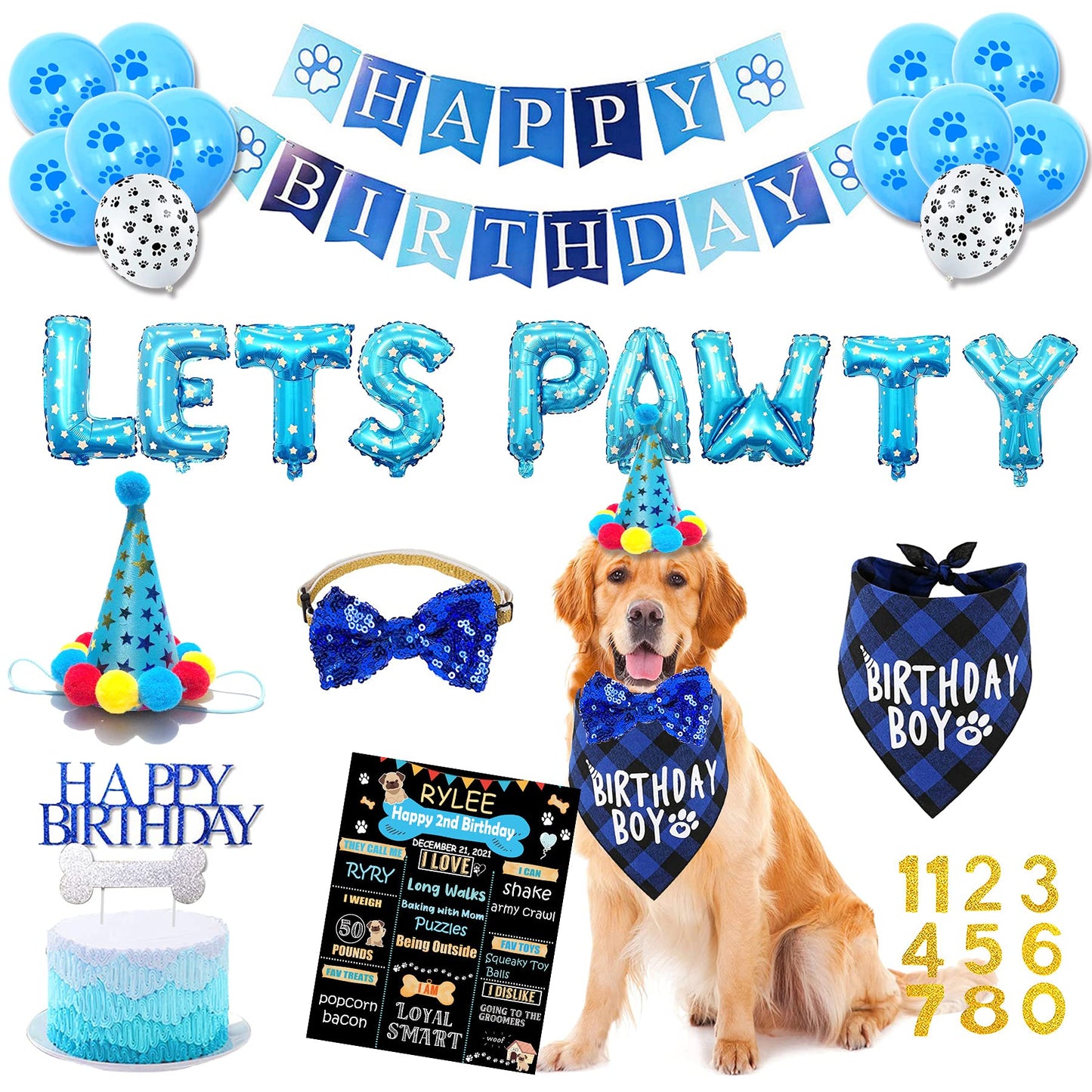 Dog Birthday Party Supplies, Blue Dog Birthday Decorations, Lets Pawty Balloons Banner, Dog Baday Bandana Hat Scarfs