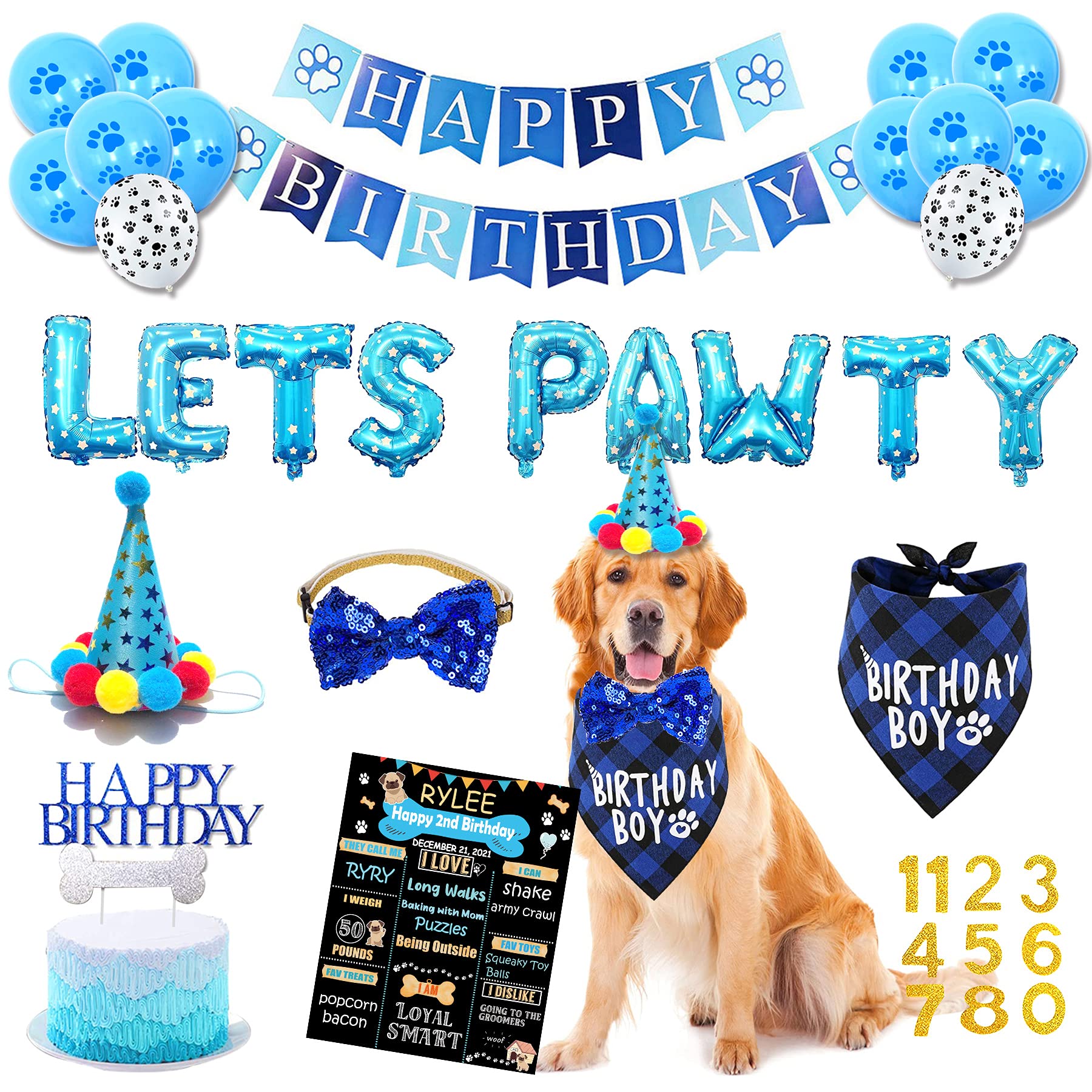 Dog Birthday Party Supplies, Blue Dog Birthday Decorations, Lets Pawty Balloons Banner, Dog Baday Bandana Hat Scarfs