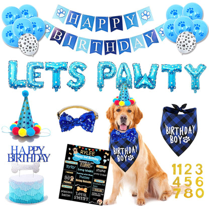 Dog Birthday Party Supplies, Blue Dog Birthday Decorations, Lets Pawty Balloons Banner, Dog Baday Bandana Hat Scarfs