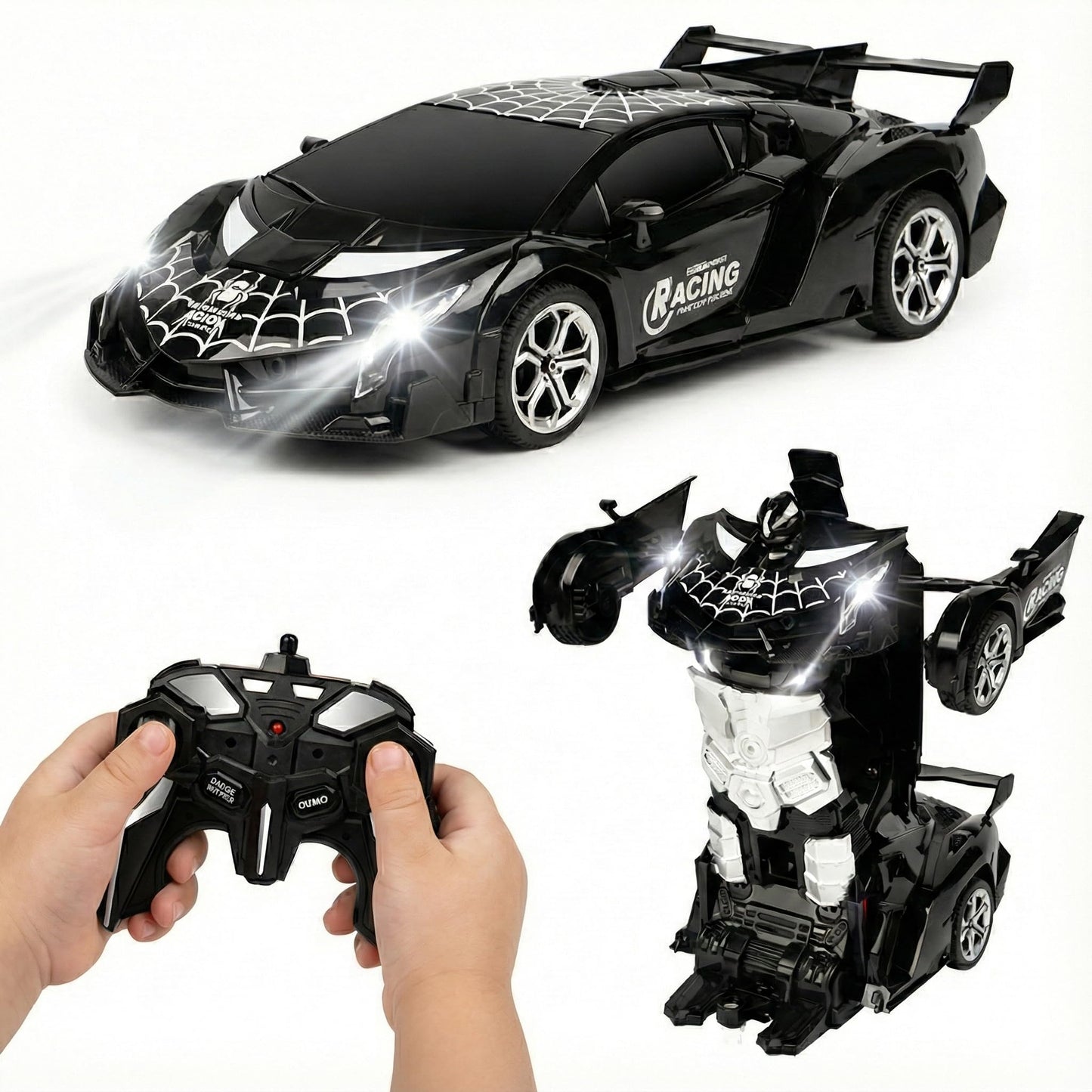 MUISHUYU Rechargeable Transform Remote Control Spider Car, Black Transforming RC Robot Toy 1:18, One-Key Deformation, 360° Drifting Vehicle for Kids