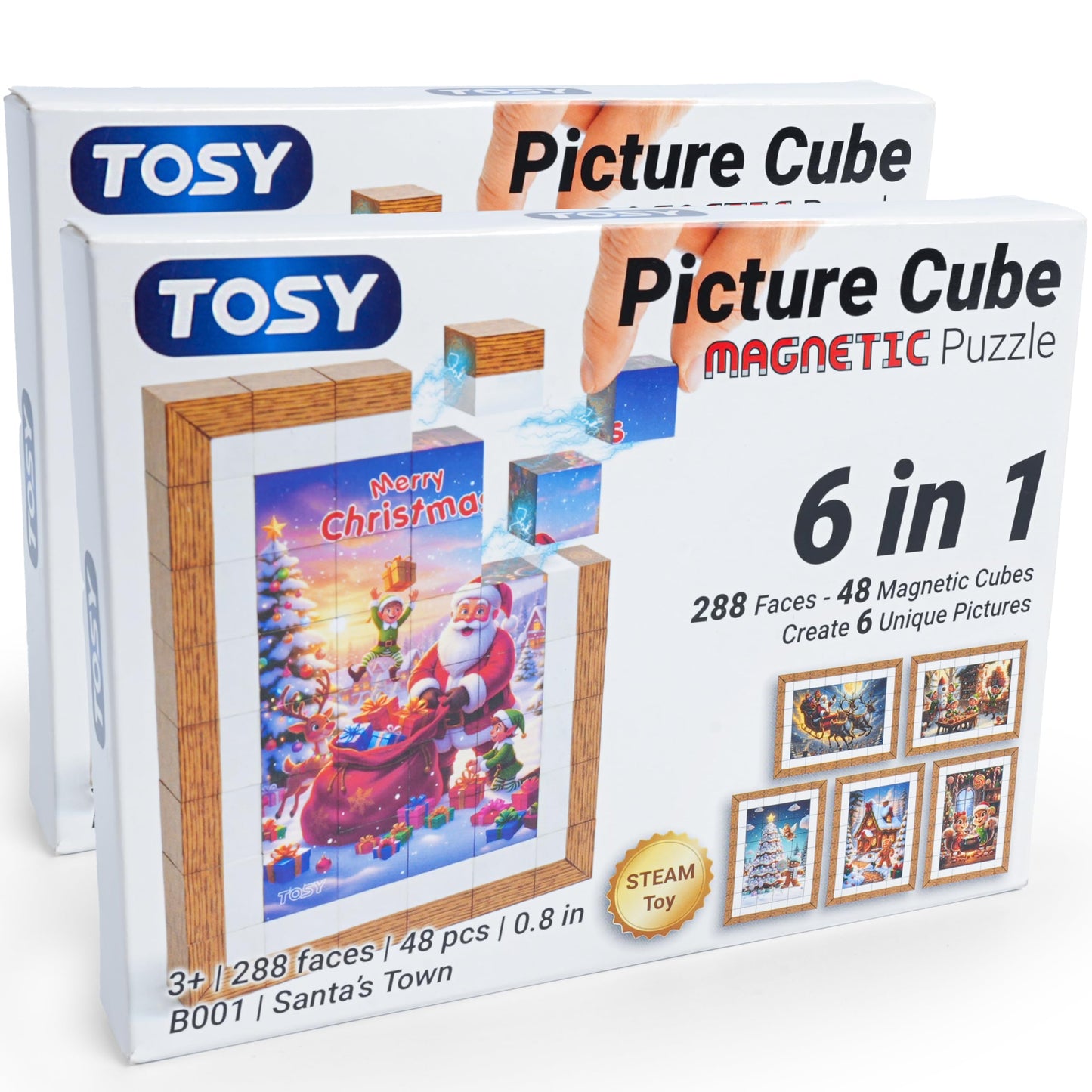 TOSY Picture Cube Santa’s Town: 6in1 Magnetic Picture Puzzle, 48 Blocks, 288 Faces/Magnets, 0.8 in, B001, Seamless UV Art, Display-Ready Frame
